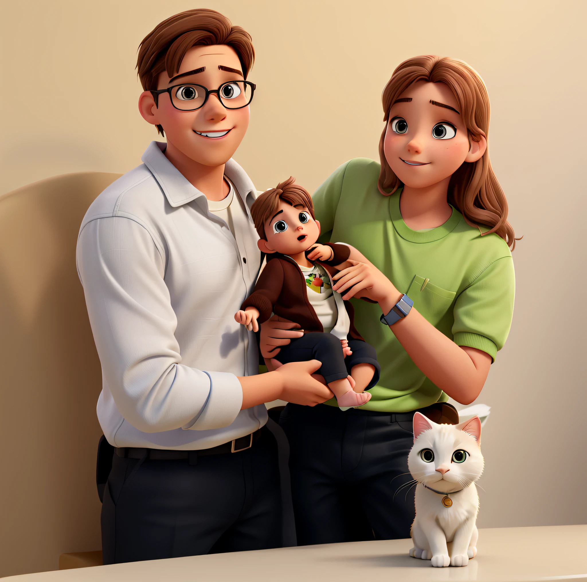 A young man with brown hair and a young blonde girl with a baby on her lap and a white cat on the table in Disney Pixar 3D style. Inserir fundo bonito.