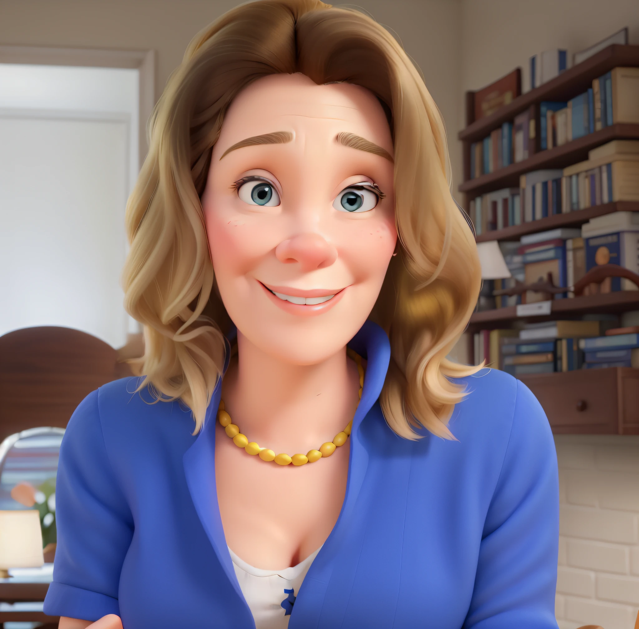 Pixar style poster. A pixar-style woman, high quality, better quality. masterpiece, portrait of a mature white, successful, middle adult woman,
looking at the camera with arms crossed.
Blonde businesswoman, blonde hair down to her shoulders, blue eyes, smiling, sitting with a yellow book in her hand, in the background a library. Portrait of mature woman.