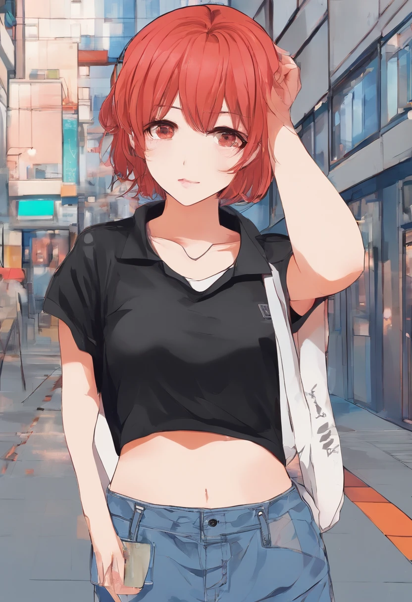 1girl, short red hair, black eyes, wearing plain black shirt, denim shorts, city, absurdres, high res, ultrasharp, 8K, masterpiece, looking fat butt