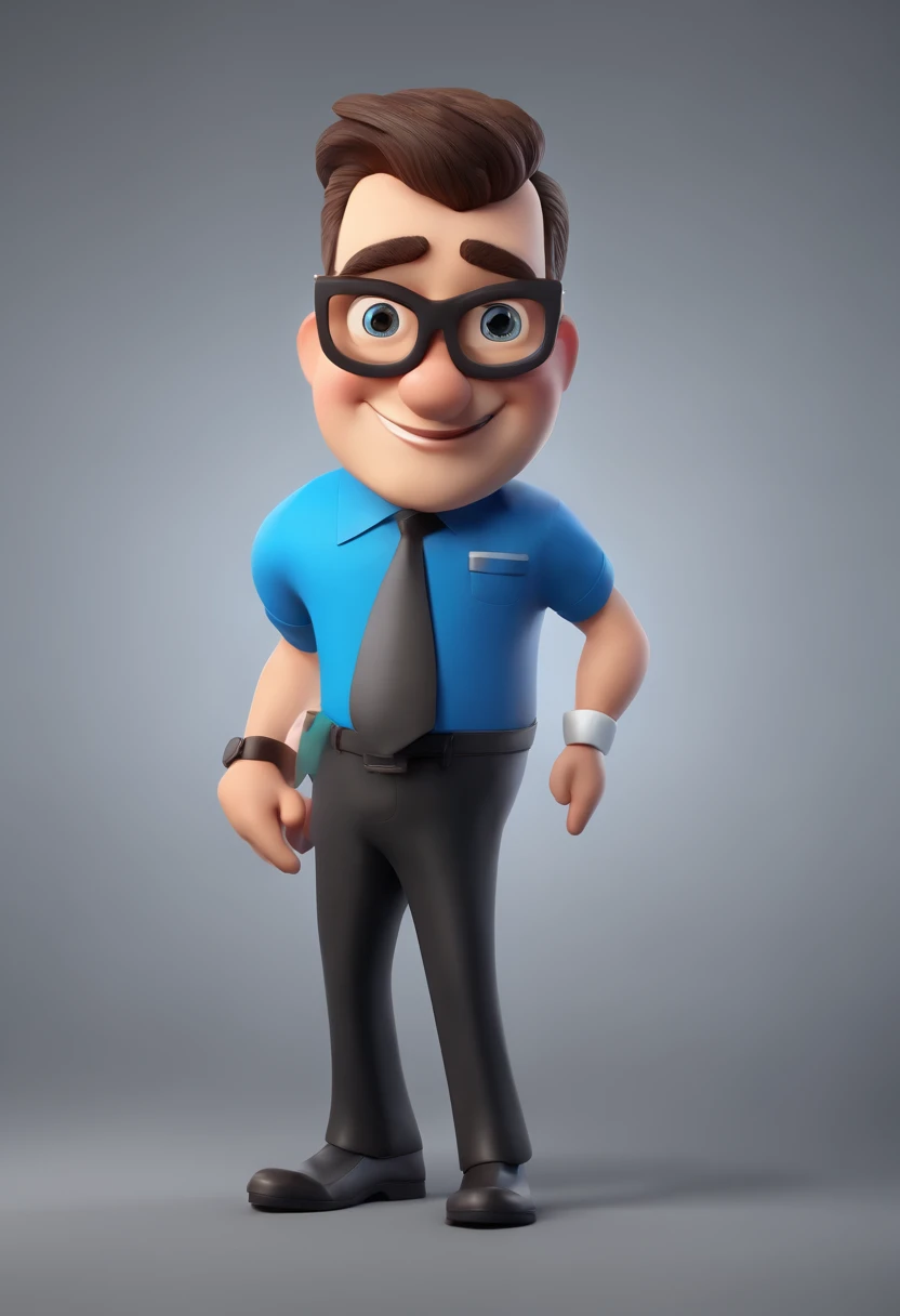 Cartoon character of a man wearing black glasses and a blue shirt, um personagem animado, Caractere estilizado, animation style rendering, 3D estilizado, Arnold Maya render, 3 d render stylized, toon render keyshot, Personagem 3D, Personagem 3D, 3d rendering stylized, 3 d character render, personagem de desenho animado, Personagem de close up, Pose de personagem, (Estilo Pixar) (master part:1.2) (Bokeh) (best quality) (pele detalhada) (textura detalhada) (8k) (argila) (Cinematic lighting) (foco nítido,Senta e vaza a parte superior do corpo