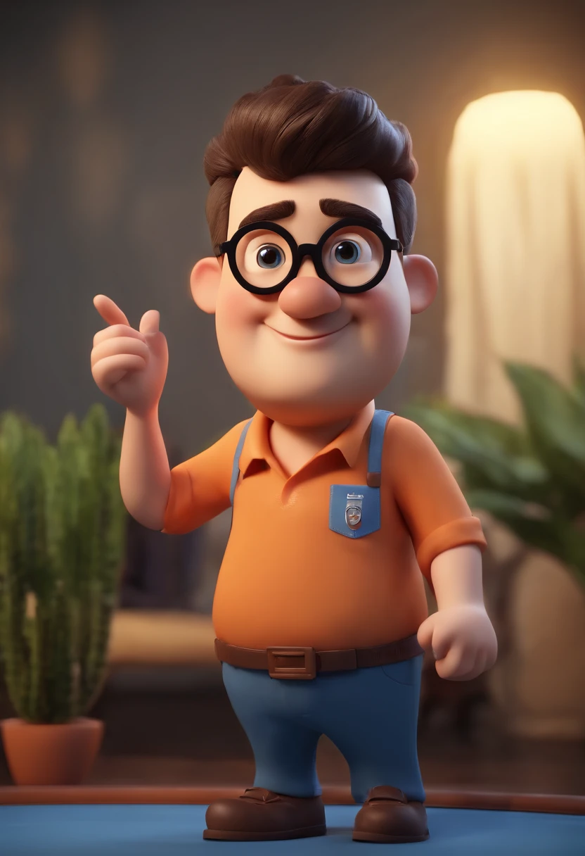 Cartoon character of a man wearing black glasses and a blue shirt, um personagem animado, Caractere estilizado, animation style rendering, 3D estilizado, Arnold Maya render, 3 d render stylized, toon render keyshot, Personagem 3D, Personagem 3D, 3d rendering stylized, 3 d character render, personagem de desenho animado, Personagem de close up, Pose de personagem, (Estilo Pixar) (master part:1.2) (Bokeh) (best quality) (pele detalhada) (textura detalhada) (8k) (argila) (Cinematic lighting) (foco nítido，Senta e vaza a parte superior do corpo