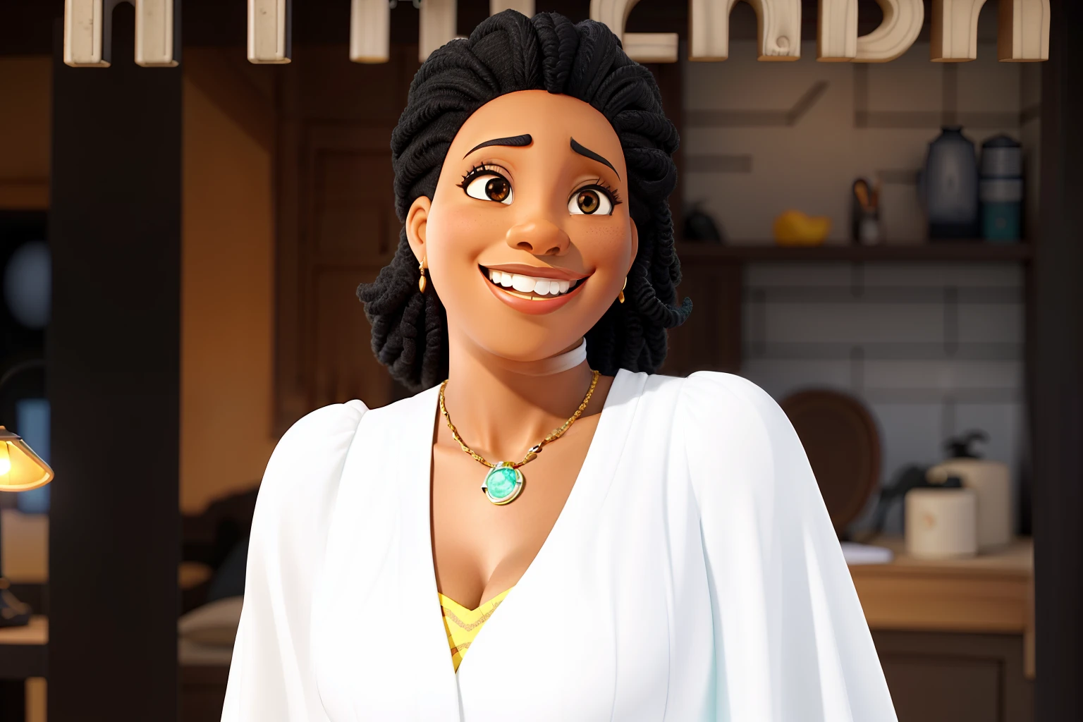 A Wise Black Woman, sorridente, cabelos pretos encaracolados, divertida, vestida de branco, illuminated by the light of a lamp