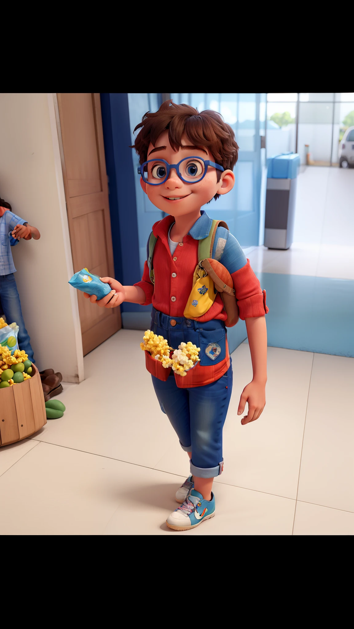 Child in blue glasses, vestido bermuda jeans e camisa de time de futebol com listras horizontais vermelhas e pretas e tenis azul. Holding a packet of popcorn in her right hand