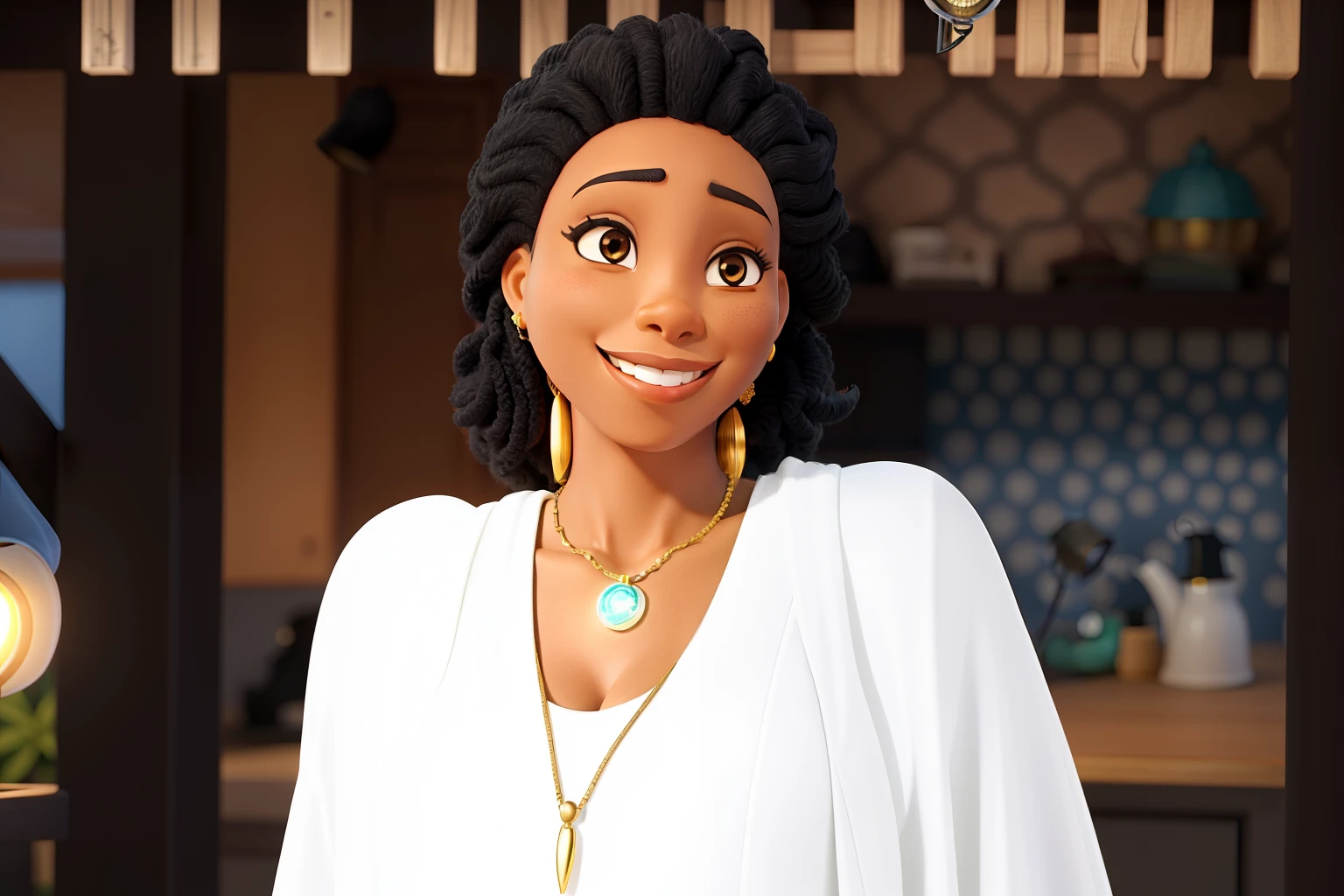 A Wise Black Woman, sorridente, cabelos pretos encaracolados, divertida, vestida de branco, illuminated by the light of a lamp