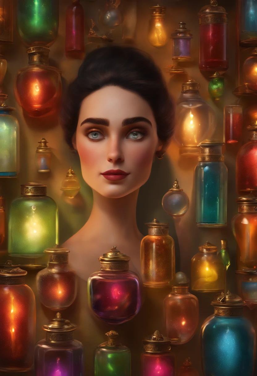 A collector of ideas inspired by Pixar animation, de perto. She is surrounded by a collection of magic vials, each containing a unique idea. The focus is on the character, with a captivating facial expression, Against a backdrop of shimmering, cores efervescentes.