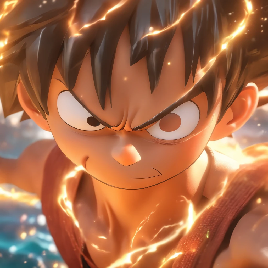 (Estilo Pixar),Modelo de navio em alto mar, Modelo de personagem em miniatura do Luffy (personagem do One pieace), fonte de luz da direita para a esquerda, Rum lighting, fonte de luz da direita para a esquerda, (ISO distance vision), (de cima para baixo), Realistic proportions, Post-processing, ((perspectiva ortogonal)), Super Detalhe, Realistic, super realistic, photoreal render,