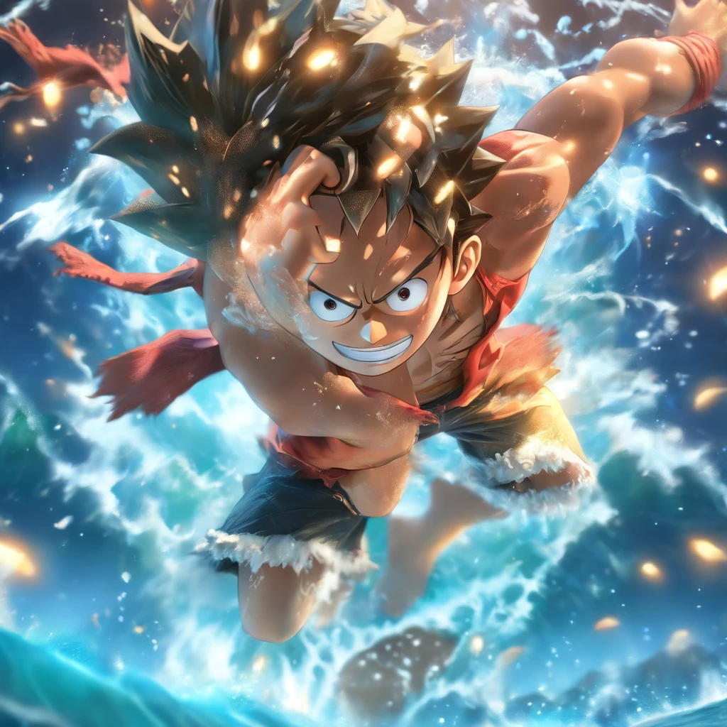 (Estilo Pixar),Modelo de navio em alto mar, Modelo de personagem em miniatura do Luffy (personagem do One pieace), fonte de luz da direita para a esquerda, Rum lighting, fonte de luz da direita para a esquerda, (ISO distance vision), (de cima para baixo), Realistic proportions, Post-processing, ((perspectiva ortogonal)), Super Detalhe, Realistic, super realistic, photoreal render,