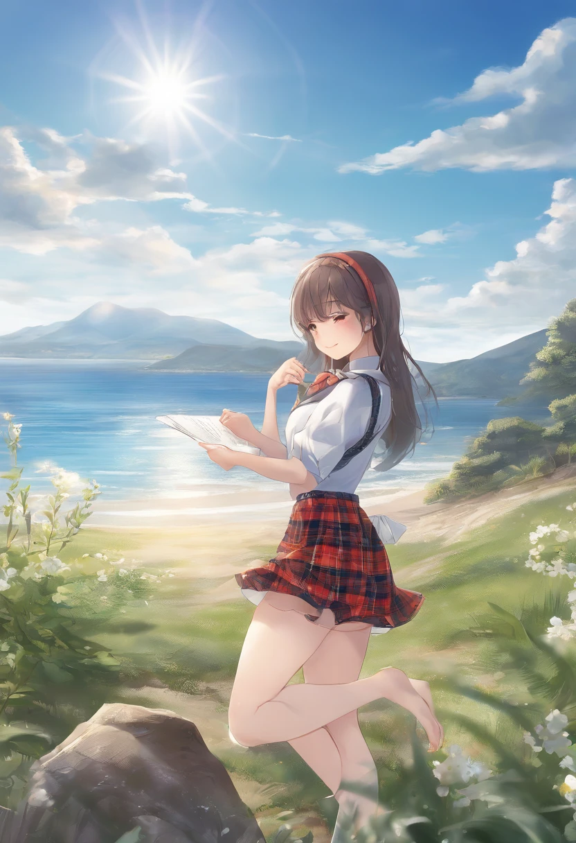 masterpiece, high quality best quality,1girl, bangs, beach, blue_sky, blush, bow, breasts, checkered, checkered_shirt, checkered_skirt, cloud, cloudy_sky, collarbone, day, envelope, giving, grass, hair_bow, heart, holding, holding_letter, horizon, incoming_gift, kazami_yuuka, leaning_forward, lens_flare, letter, light_rays, long_hair, looking_at_viewer, love_letter, mountain, mountainous_horizon, ocean, outdoors, plaid, plaid_background, plaid_bikini, plaid_bow, plaid_bowtie, plaid_bra, plaid_dress, plaid_headwear, plaid_jacket, plaid_legwear, plaid_necktie, plaid_neckwear, plaid_panties, plaid_pants, plaid_ribbon, plaid_scarf, plaid_shirt, plaid_skirt, plaid_vest, pov, shirt, skirt, sky, smile, solo, sun, sunbeam, sunlight, tree, unmoving_pattern