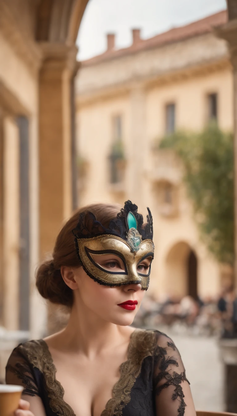 Big woman sitting in a café with a full Venetian masquerade mask. A female with a sphere, dans un jardin, with a building in the background.