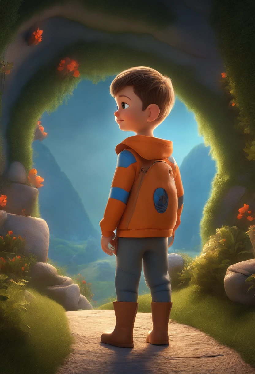 a happy cute kid standing short hair, vestindo uma fantasia espacial, , fundo branco, barnet, tom, Estilo Pixar, ..3d, desenhos animados, rosto detalhado, asymmetrical 16k