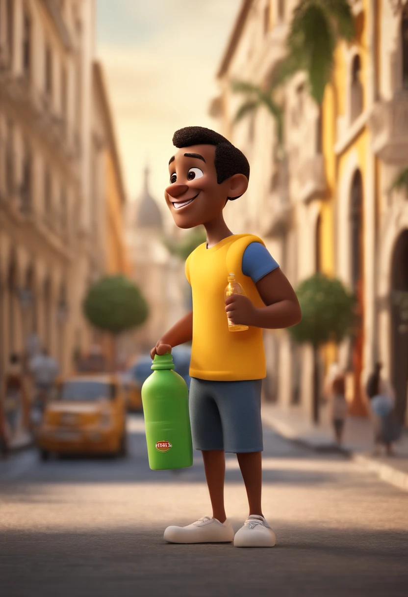 personagem dos desenhos animados de um homem branco e uma camiseta preta, animation character, holding a yellow bottle in his hand and in the background the Largo de São Francisco da Prainha, no Rio de Janeiro, Caractere estilizado, animation style rendering, 3D estilizado, Arnold Maya render, 3 d render stylized, toon render keyshot, Personagem 3D, Personagem 3D, 3d rendering stylized, 3 d character render, personagem de desenho animado, Personagem de close up, Pose de personagem,  (Estilo Pixar) (master part:1.2) (Bokeh) (best quality) (pele detalhada) (textura detalhada) (8k) (argila) (Cinematic lighting) (foco nítido