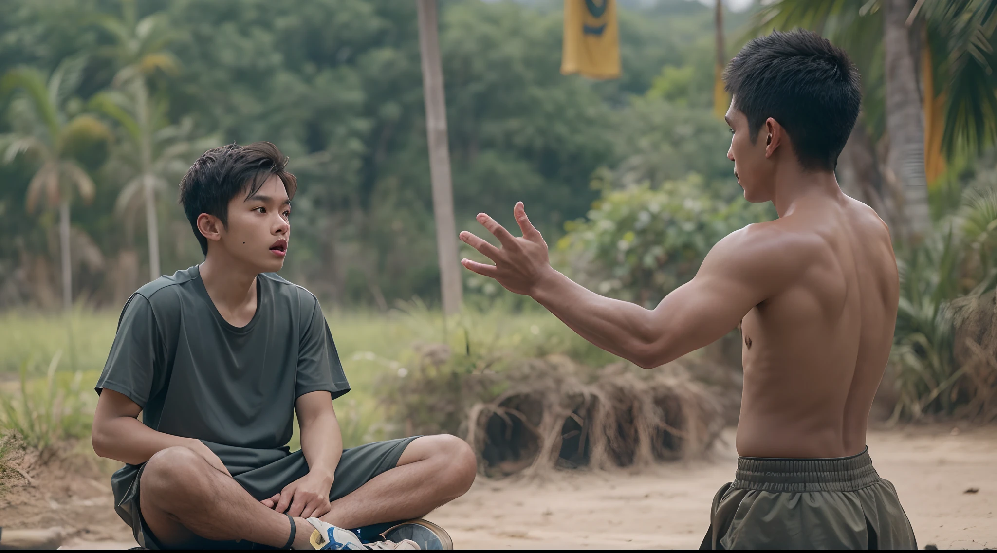 a film still of 2 dark skin young malay boy in sport attire having an argument in malay village, raise hand, photo taken using Panavision DXL2, 28mm lens, Establishing shot, muted color grading, cinemascope, drama, high quality, ultra detailed, 8k resolution,