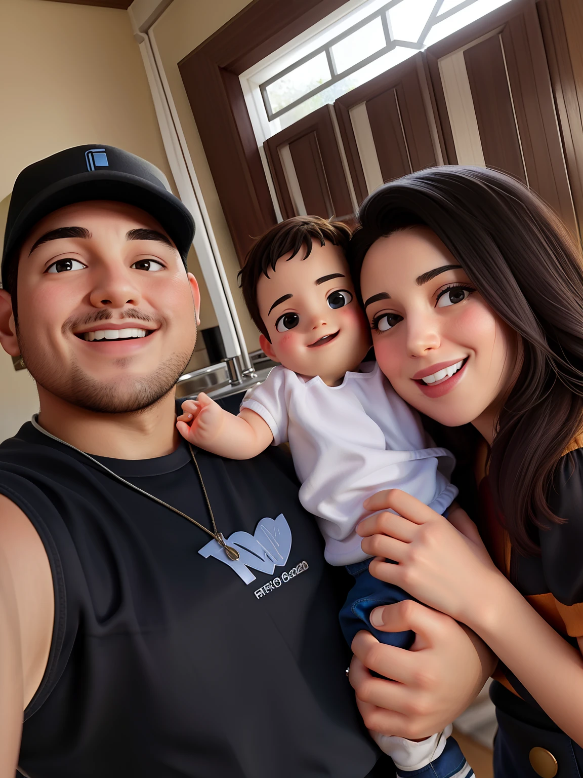 There's a man and a woman holding a baby in a kitchen, marido esposa e filho, Happy family, Postagem no Reddit, Family photo, facebook post, Directed by: Nandor Soldier, Directed by: Samuel Silva, family portrait, fami, portrait of family of three, Em casa, Postagem 4k, 4 k post, Alex Flores, Fotografia tirada em 2 0 2 0