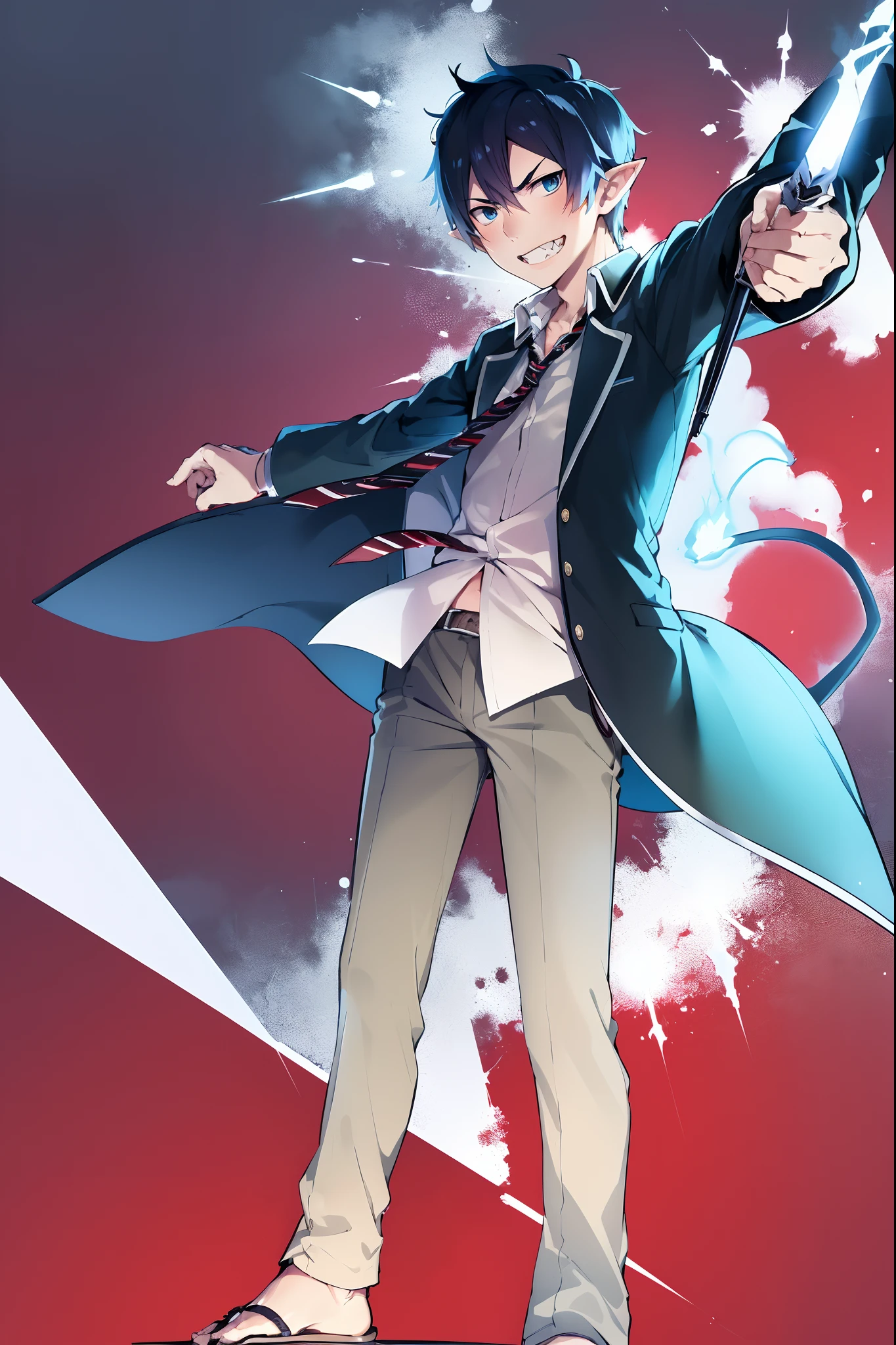 (masterpiece, best quality:1.2), solo, male focus, 1boy, okumura rin, grin, looking at viewer, hands in pockets, blue fire, school uniform, striped necktie, flame-tipped tail, standing, flipflops, rapier holding,sharpteeth