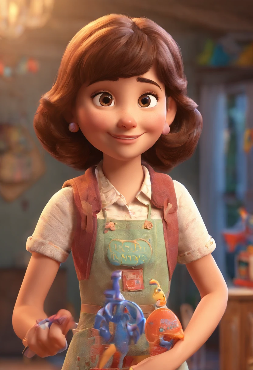 Estilo Pixar: mulher morena com franja, idade 25 anos, with black eyes holding white knots your son , Olhos castanhos , 3D Poster,Disney, felizes.