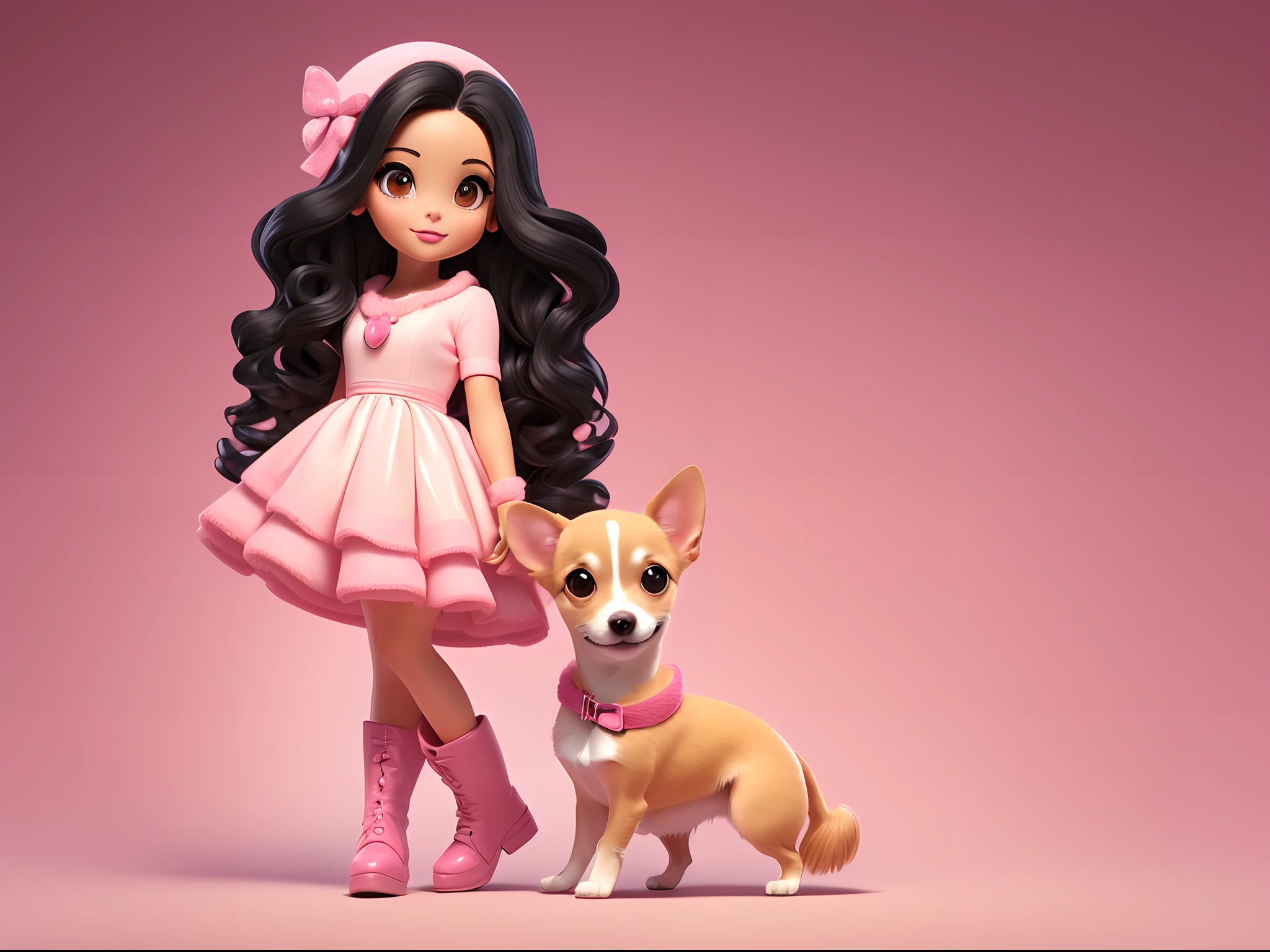 Single Beautiful tan woman, with long black gorgeous wavy hair, dressed in a pink sweater dress and knee high boots. Gradient background in shades of champagne. Holding a beautiful cream colored white chihuahua dog dressed in a pink dress. Pink Christmas theme