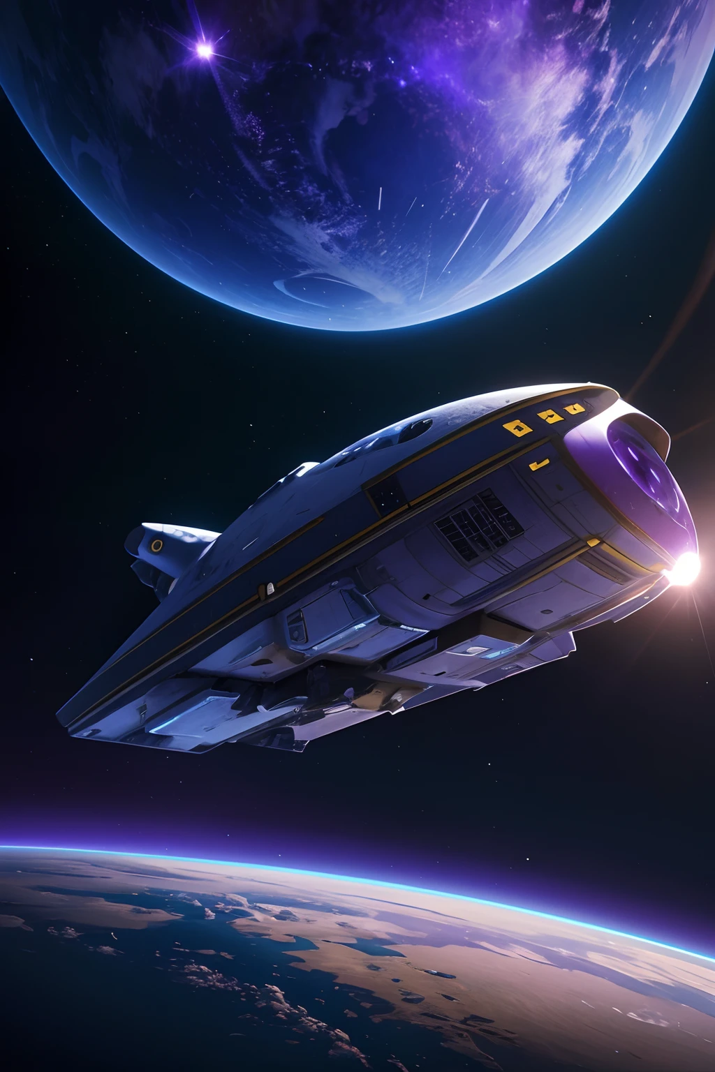 Spaceship landing on a beautiful planet with a blue-violet-yellow surface, Cosmodrome, Sci-fi style, ultrarealism, overdetalization, hiquality, photo realism, cinema, Professional photo, Clear Focus, uhd, ray traced, 64k