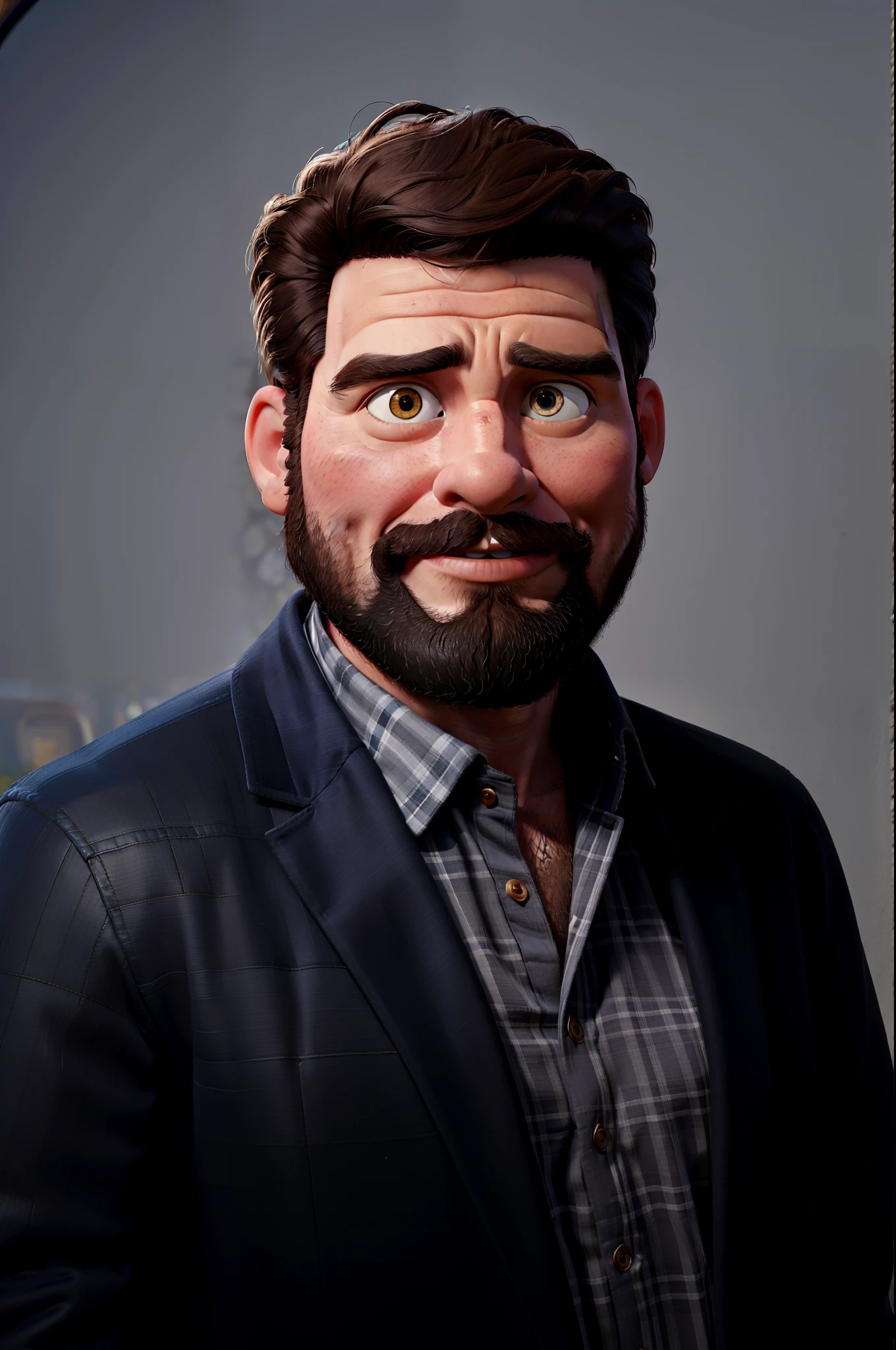 master part, best quality, Maximum quality, um homem de terno, 70's, carro sedan ao fundo, cabelos castanhos volumosos, costeletas, barba, 35 anos, Disney Poster