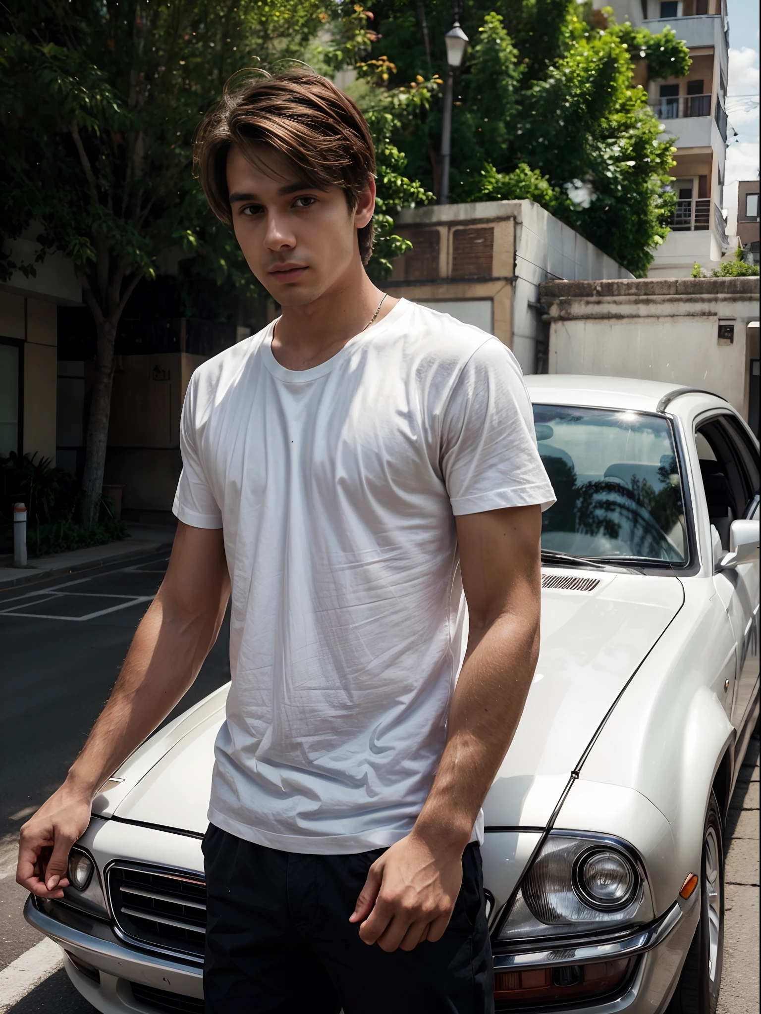 Instagram photo of a man, brown hair, low haircut, in white t-shirt, at street, in front of his car