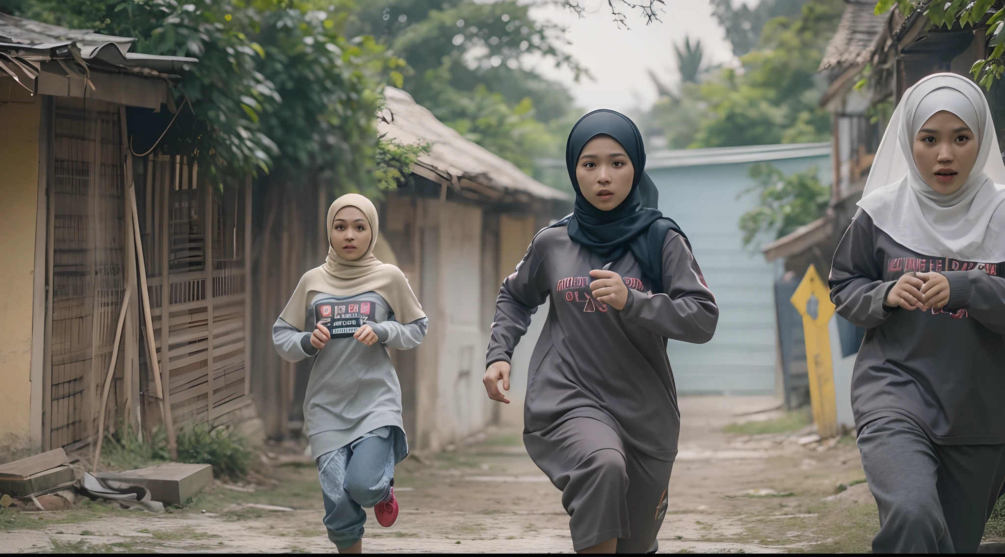 a film still of 3 young malay girl in hijab and sport attire running scared in malay village, photo taken using Panavision DXL2, 28mm lens, Establishing shot, muted color grading, cinemascope, drama, high quality, ultra detailed, 8k resolution,