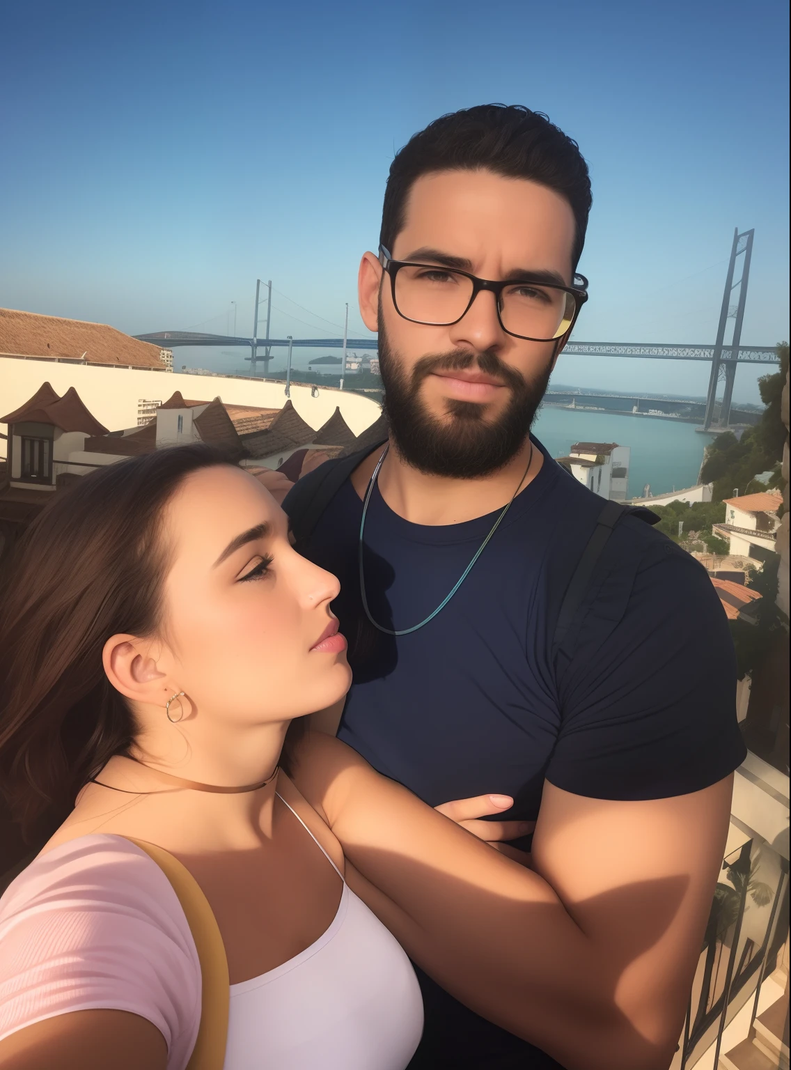 There's a man and a woman together on a balcony, imagem de perfil, vacation photo, they are in love, par, inspired by Almada Negreiros, em uma ponte, Directed by: Nandor Soldier, Lovely couple, jordan lamarre - wan, lindo dia ensolarado, Lisboa, arredores da cidade, imagem vazada, foto modo retrato