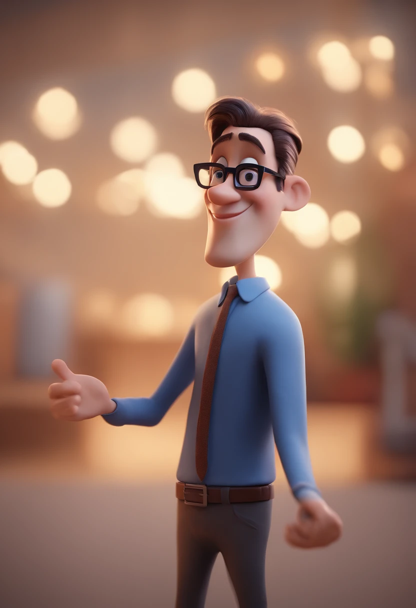 Cartoon character of a man with black glasses and a blue shirt, animation character, Caractere estilizado, animation style rendering, 3D estilizado, Arnold Maya render, 3 d render stylized, toon render keyshot, Personagem 3D, Personagem 3D, 3d rendering stylized, 3 d character render, personagem de desenho animado, Personagem de close up, Pose de personagem,  (Estilo Pixar) (master part:1.2) (Bokeh) (best quality) (pele detalhada) (textura detalhada) (8k) (argila) (Cinematic lighting) (foco nítido