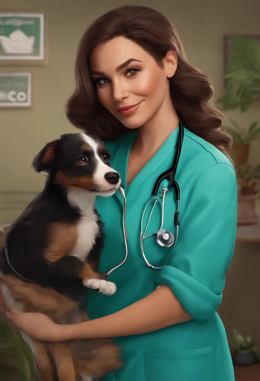 Create a pixar-style character brunette vet using scrubs and a stethoscope, segurando um frasco de medicamento de cannabis, com cabelos longos, Olhos castanhos, com cachorro com ela