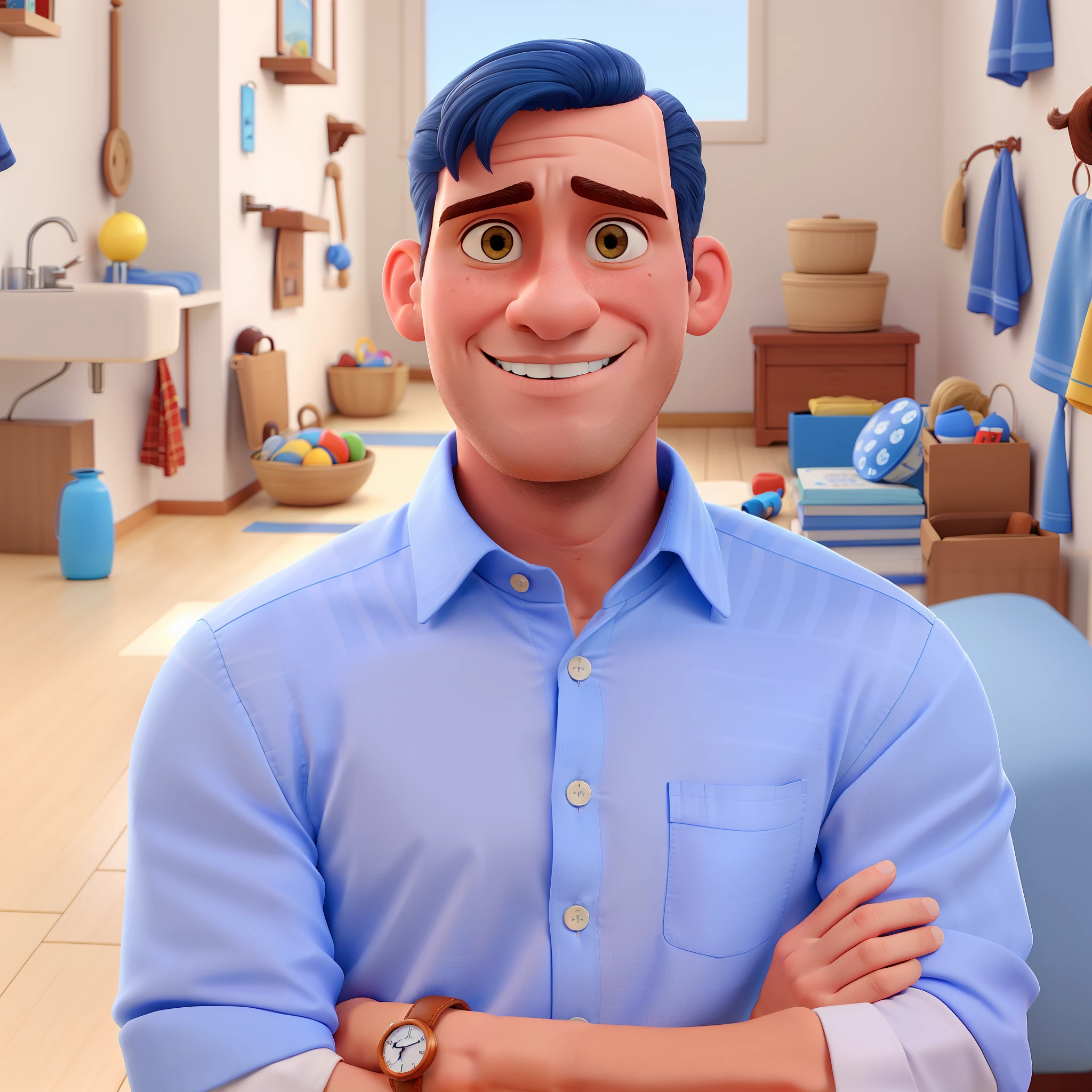 Um homem moreno, estilo Disney Pixar, with a blue and white striped button-down shirt, completamente careca, careca lisa, nenhum cabelo, retirar cabelo, alta qualidade, melhor qualidade