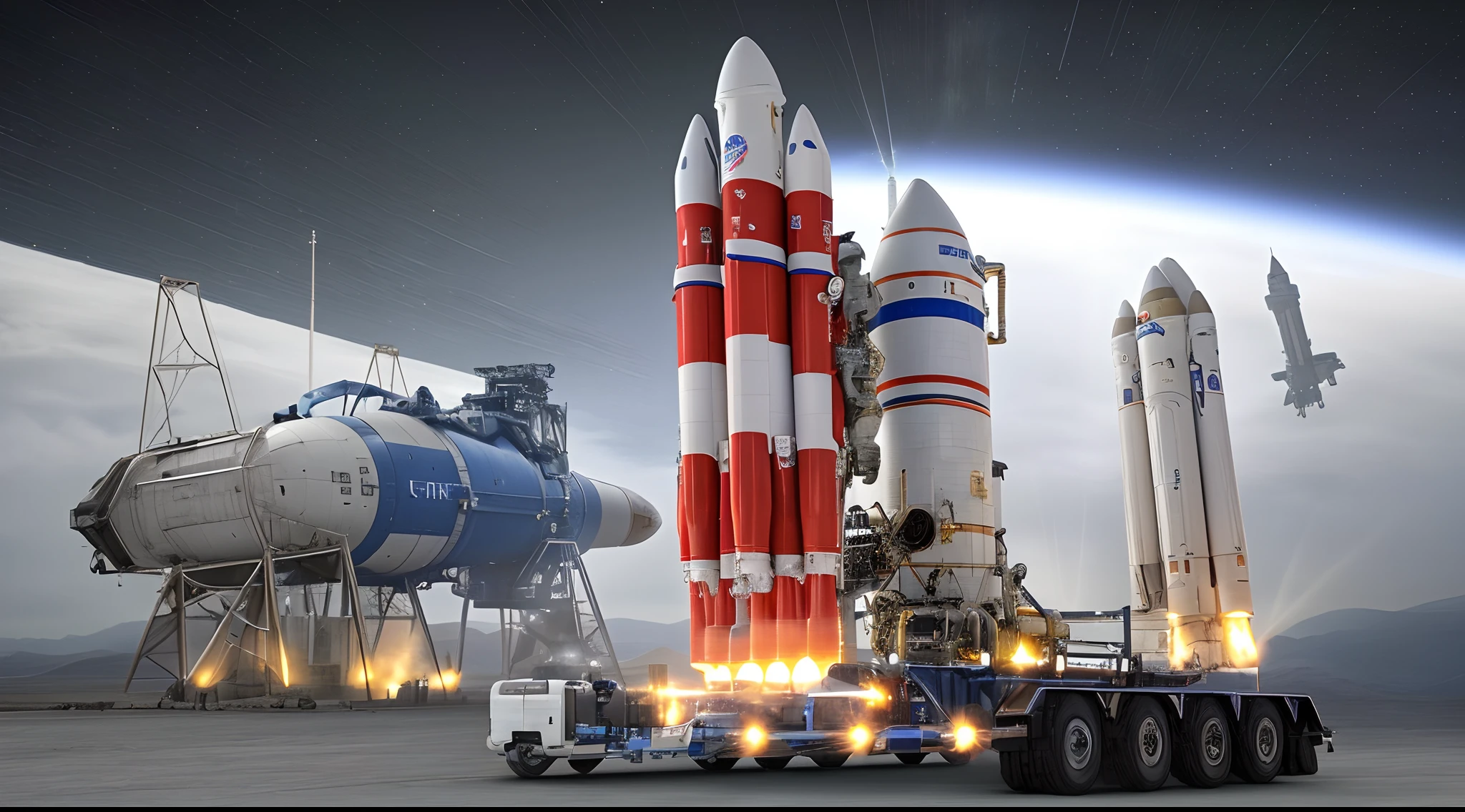 arafed vehicle with a large rocket on the back of it, big booster rocket engines, blue v2 rocket in space, large blue engines, cryogenic pods, many cryogenic pods, photo illustration, origin 100i, commercial banner, huge jet rocket engine backpack, ((oversaturated)), leaked from nasa, it is very huge, realistic image, 16k resolution, rockets have issues