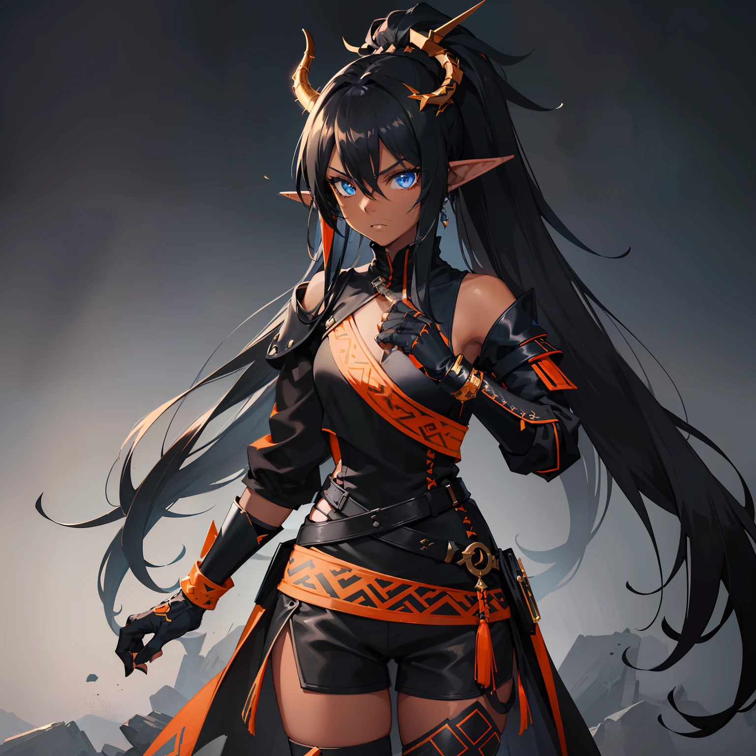 1girl , (((Dark Skin)))), Black Hair with Ponytail, (((Blue Eyes))), ((Black Metallic Gauntlets and Greaves with Orange and Silver Highlights)), (((The Clothes Have a Mix of Modern and Tribal))), (((The Clothes Have a Mix of Modern and Tribal))), having mostly the color black, but having parts in orange, shoulders exposed, at the hip a shorts that extend to half of the thigh of black color. ((Black Overcoat with a orange inner part)) absurd res, best res, high res, best face, best eyes, (((Dragon Tail))), ((Elf Ears))