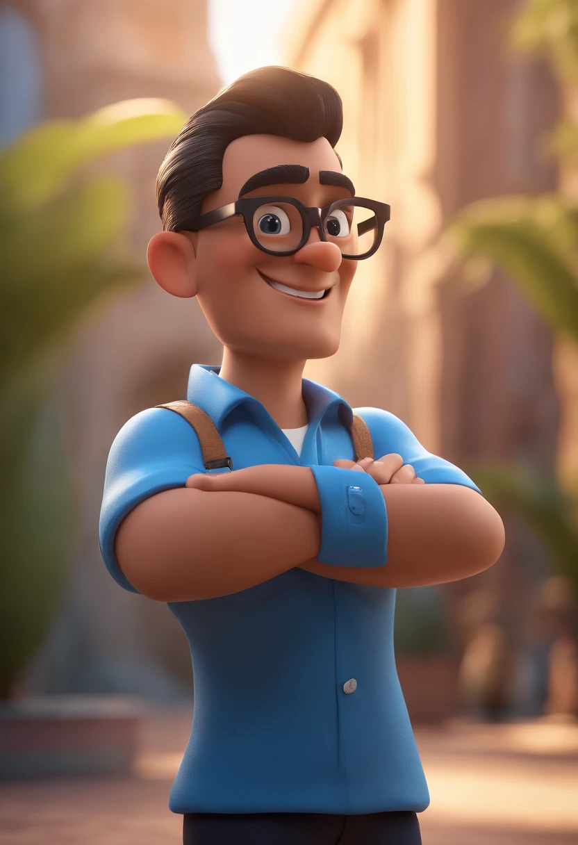 Cartoon character of a man with black glasses and a blue shirt, animation character, Caractere estilizado, animation style rendering, 3D estilizado, Arnold Maya render, 3 d render stylized, toon render keyshot, Personagem 3D, Personagem 3D, 3d rendering stylized, 3 d character render, personagem de desenho animado, Personagem de close up, Pose de personagem,  (Estilo Pixar) (master part:1.2) (Bokeh) (best quality) (pele detalhada) (textura detalhada) (8k) (argila) (Cinematic lighting) (foco nítido