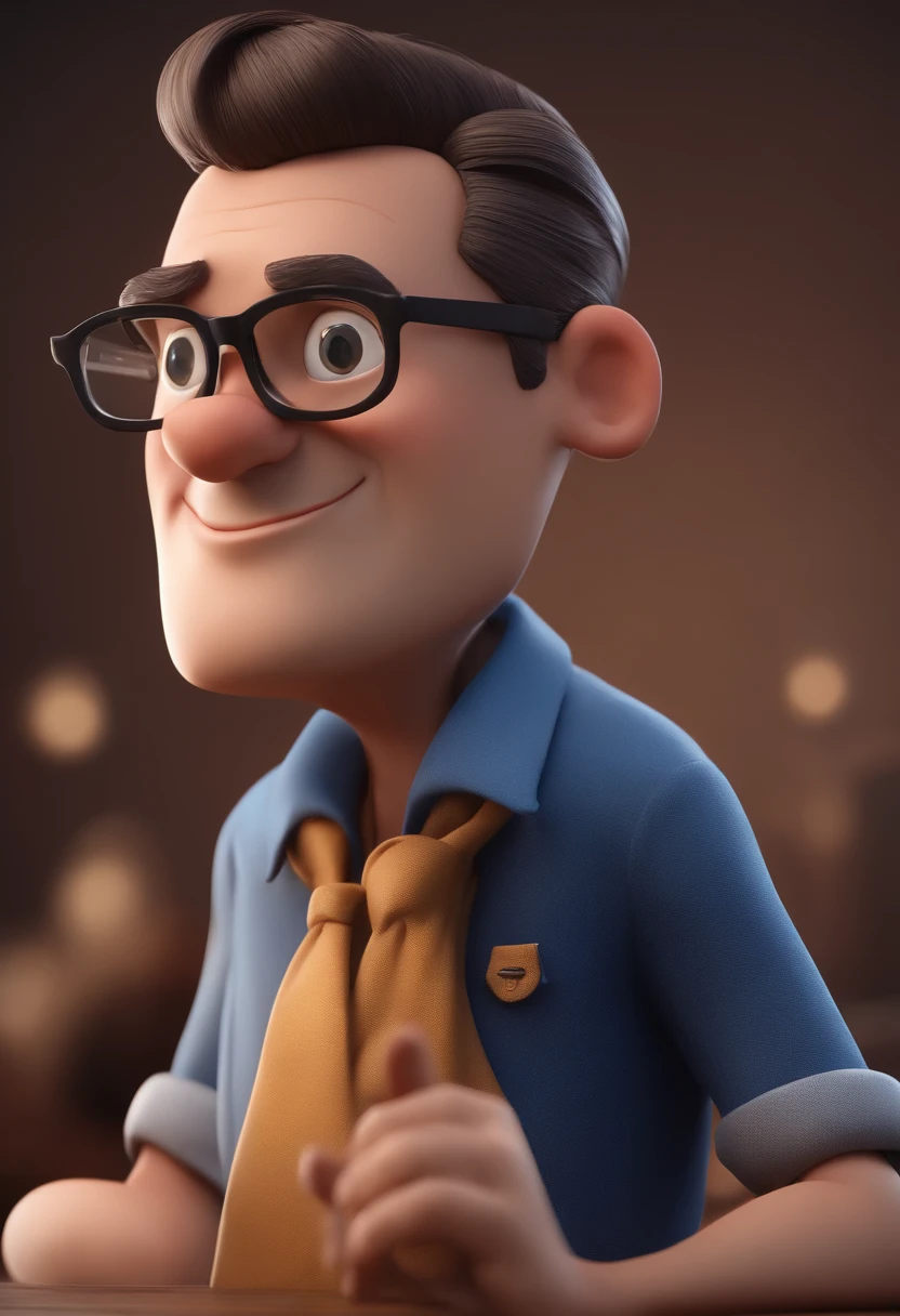 Cartoon character of a man with black glasses and a blue shirt, animation character, Caractere estilizado, animation style rendering, 3D estilizado, Arnold Maya render, 3 d render stylized, toon render keyshot, Personagem 3D, Personagem 3D, 3d rendering stylized, 3 d character render, personagem de desenho animado, Personagem de close up, Pose de personagem,  (Estilo Pixar) (master part:1.2) (Bokeh) (best quality) (pele detalhada) (textura detalhada) (8k) (argila) (Cinematic lighting) (foco nítido