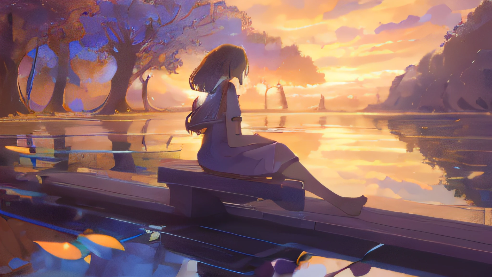 (best quality,4k,8k,highres,masterpiece:1.2),ultra-detailed,(realistic,photorealistic,photo-realistic:1.37),sunset,dusk,reflection,highlight,landscape,soft colors,tranquil scenery,nature beauty,sunlight peeking through trees,rippling water surface,golden hues,silhouettes of trees,mirror-like reflections,serene atmosphere,gentle breeze,breathtaking view