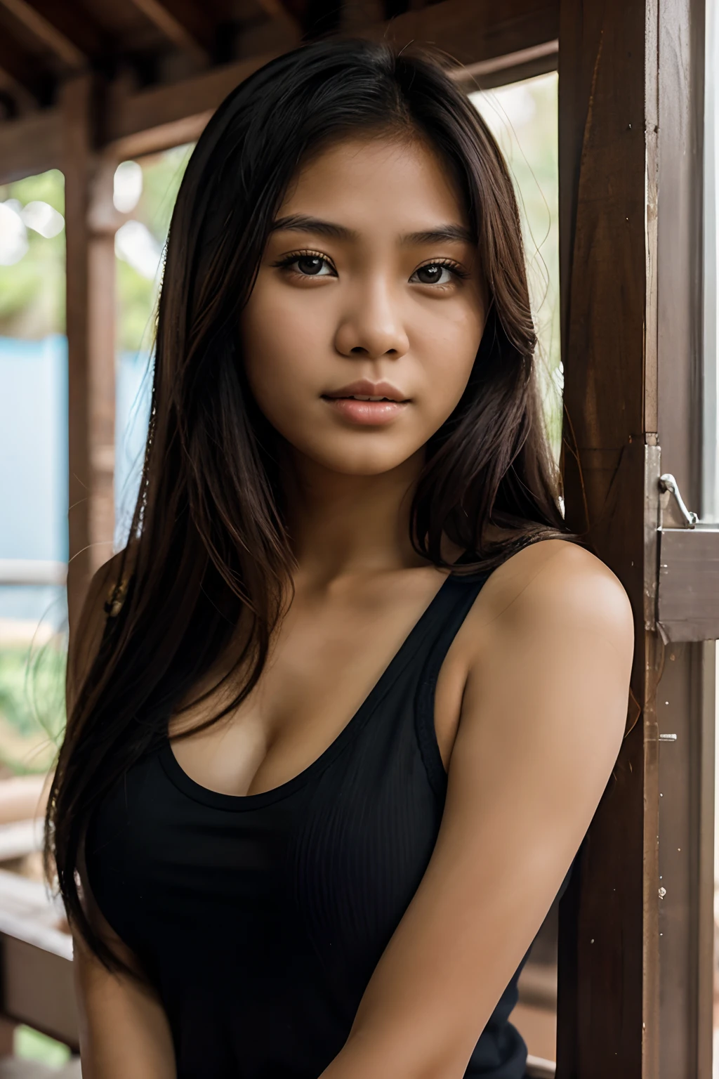 a girl from (Indonesia), 18 years old, portrait, high quality, highly detailed, aesthetic, tank top, sexy, beautiful