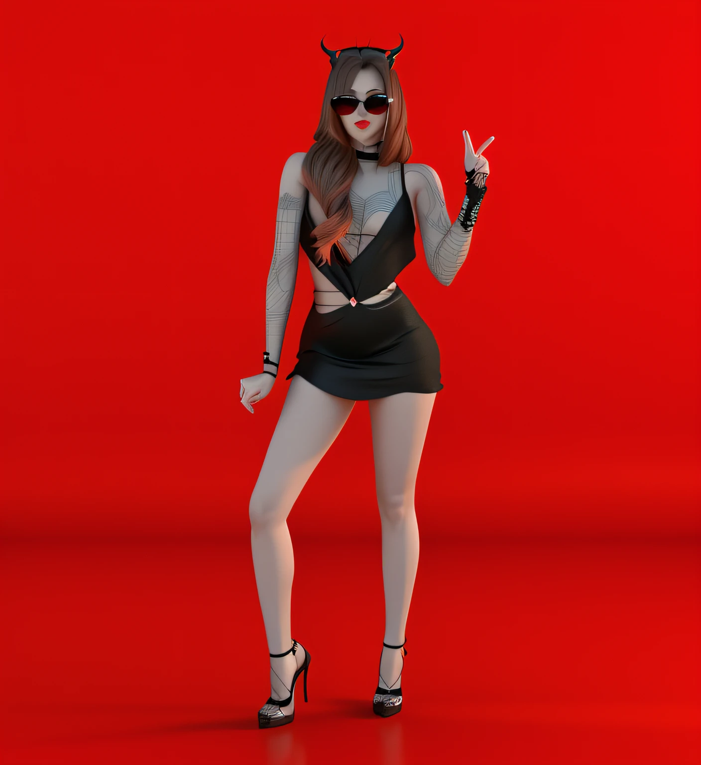 Arafed woman in a black dress and sunglasses holding scissors, she is dancing. Realistic, mulher do diabo de corpo inteiro, Realistic Red 3D Rendering, muito sexy diabo roupa, em um fundo vermelho, no fundo vermelho, Succubus em vestido curto apertado, gesto de pose pudica sexy, ( ( 3D-rendering ) ), 3D rendering of a complete female body