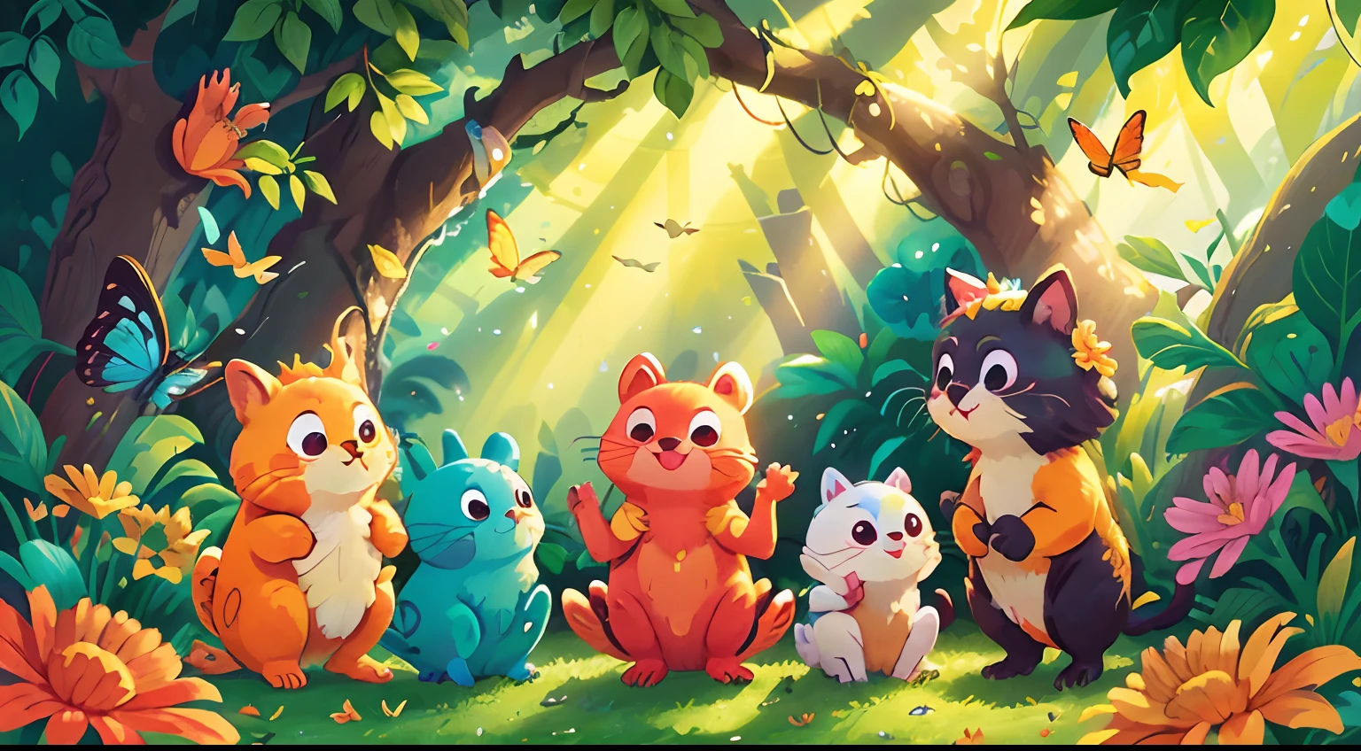 Lush flowers and radiant animals fill the scene, symbolizing positive change. The vibrant colors of the flowers add vitality, while the happy animals, singing birds and dancing butterflies highlight the positive and renewed atmosphere. Soft light highlights these elements, creating an image that conveys joy and optimism.