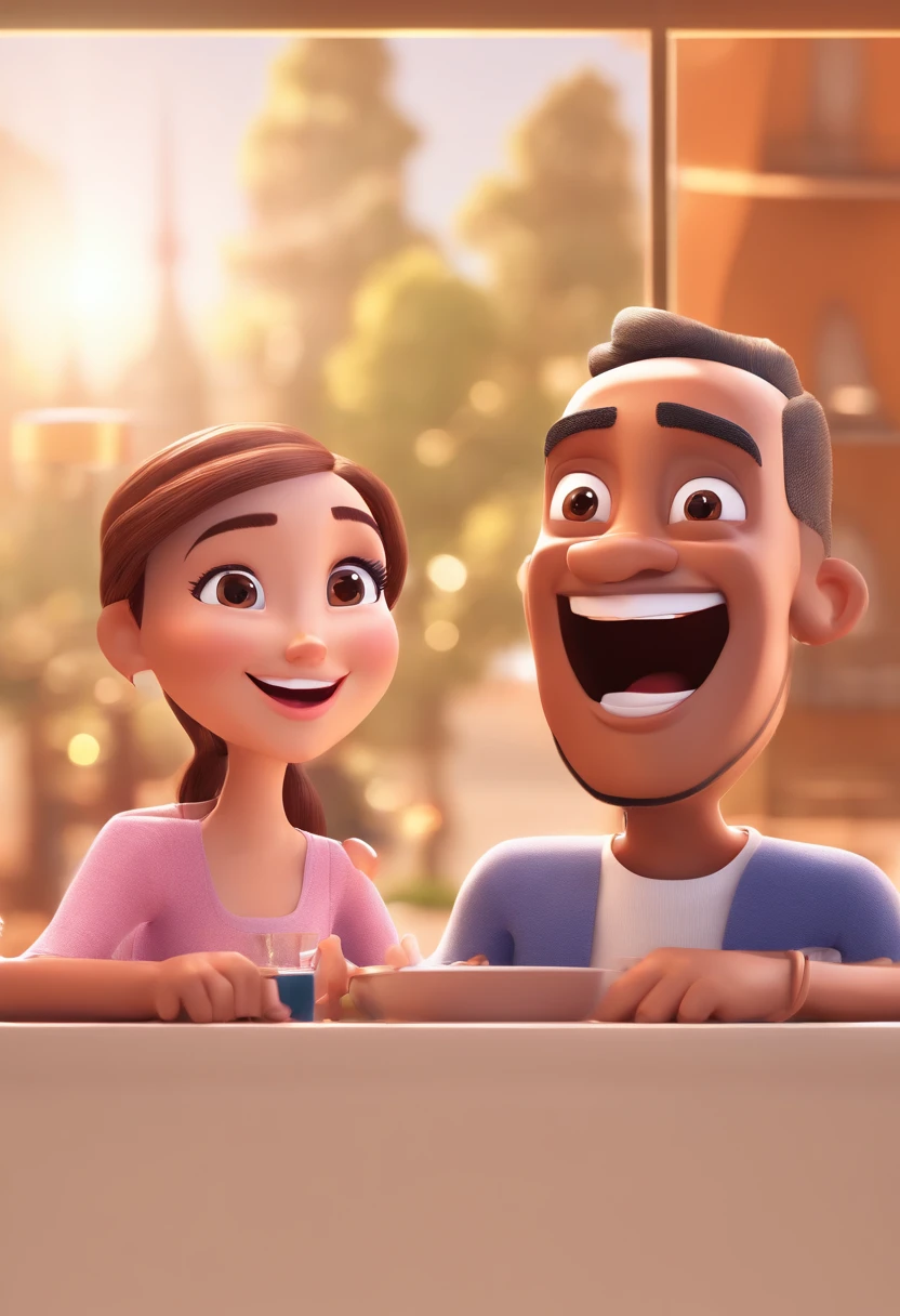 An illustration of an adorable couple, Highlight for a chubby mulatto man with glasses smiling and a brunette woman with beautiful expressive eyes - the man's skin is mulatto and the man's hair haswhile the woman's skin is black and the woman's hair is straight and brown. They are a bright room, cada um com um sorriso no rosto, e compartilhar um momento especial caracterizado pelo amor, Insights. Illustrate this scene from a perspective where they are facing the camera, Smiling and Showing Your Connection. Desenvolva esta arte em Full HD, Focus on your cinematic touch, Estilo Disney Pixar Animations