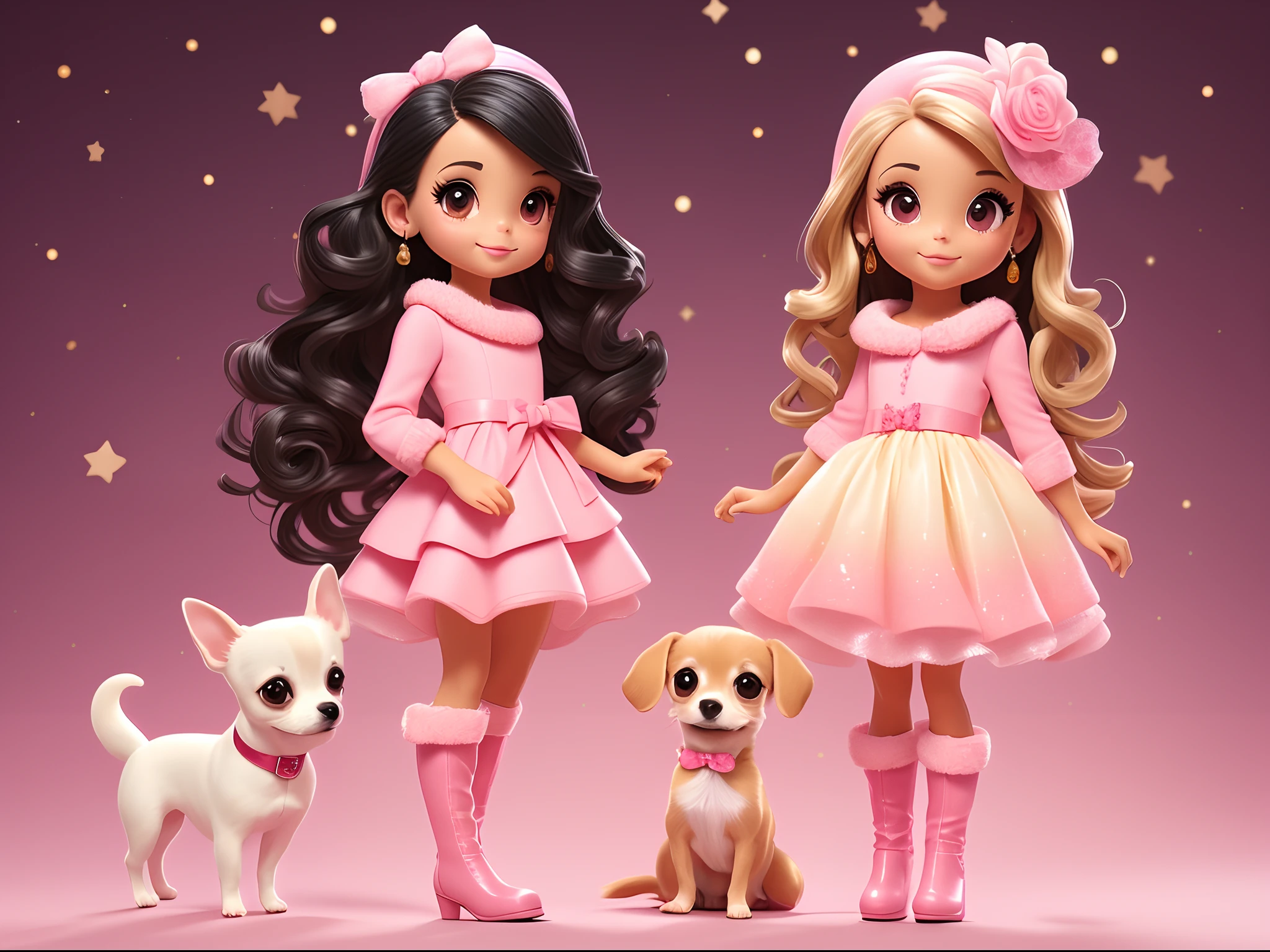 Single Beautiful tan woman, with long black gorgeous wavy hair, dressed in a pink sweater dress and knee high boots. Gradient background in shades of champagne. Holding a beautiful cream colored white chihuahua dog dressed in a pink dress. Pink Christmas theme