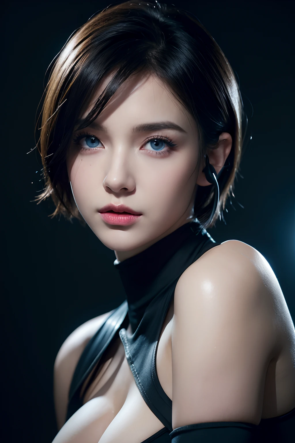 short hair, skintight black top:1.2, looking at viewer, cinematic lighting, perfect, soft lights, high resolution skin:1.2, realistic skin texture, realistic face,  lean girl,  headphones:1.2,  off shoulder, Exposed cleavage, blue Eyes, big boob, bdsm slave collar harajuku makeup,