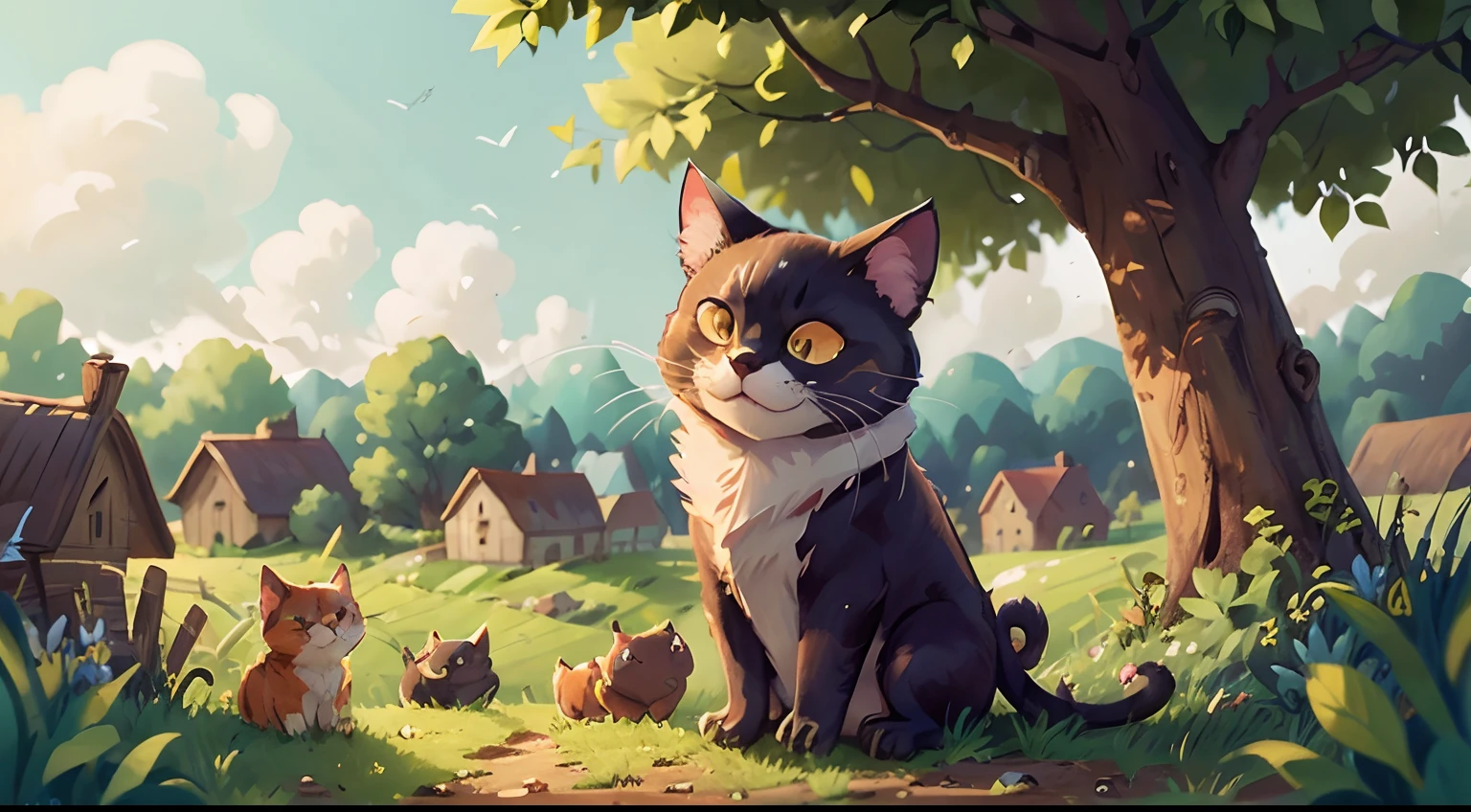Baron Cat, the evil one, is sitting on a farm with a remarkably happy expression, highlighting his satisfaction amidst the rural setting. The soft light highlights their features, while around them, elements such as trees and fields contribute to the serene ambiance of the image.