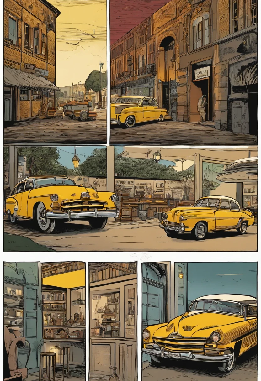 Comics, Estilo Polymode, comiс style, Comics page with panels about comics, personagem olhando para uma hamburgueria com o NOME DJANGO, preta e amarela vidros quebrados cidade, abandonada, High Definition in Picture