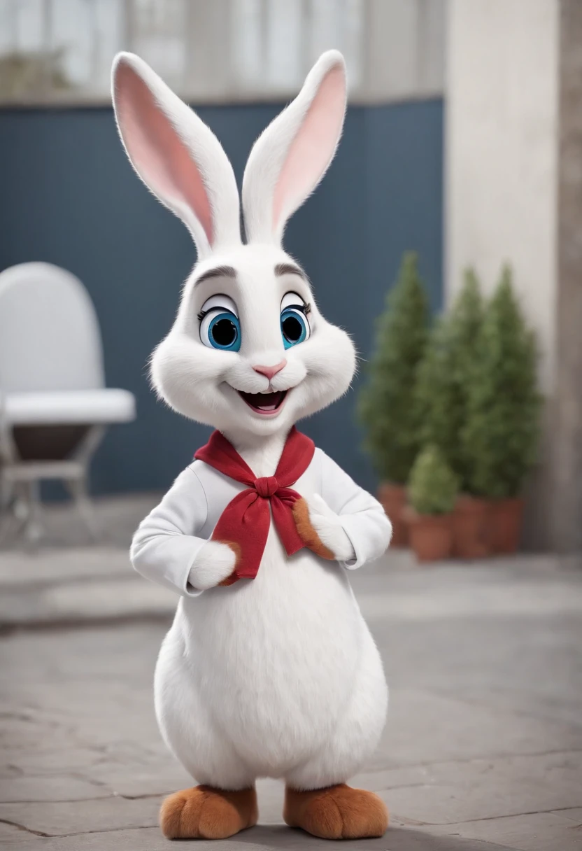 3D Pixar Disney style, a full-length white rabbit with a big, wide smile with visible upper teeth, big blue eyes, big ears and a chef's hat on his head, wears a maple red dolman with chrome buttons, in a backdrop completely white, (1.1), sharp focus, RAW Photography, dramatic lighting, full-length portrait, standing, full-length photo , full body photography,