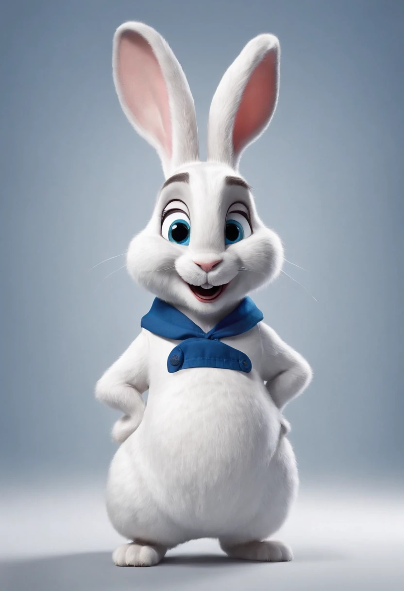 3D Pixar Disney style, a full-length white rabbit with a big, wide smile with visible upper teeth, big blue eyes, big ears and a chef's hat on his head, wears a maple red dolman with chrome buttons, in a backdrop completely white, (1.1), sharp focus, RAW Photography, dramatic lighting, full-length portrait, standing, full-length photo , full body photography,