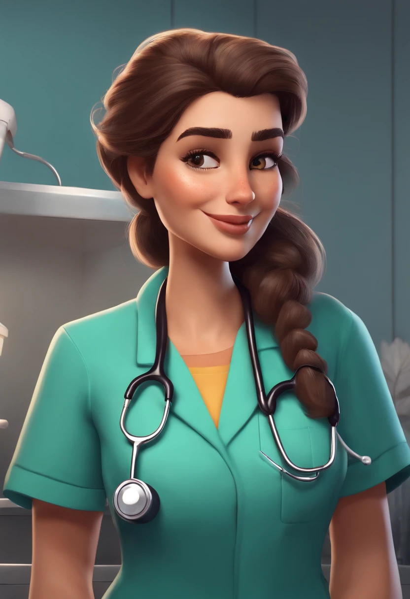 Create a pixar-style character brunette Brazilian veterinarian using scrubs and a stethoscope, segurando um frasco de medicamento de cannabis, com cabelos longos, hazelnut eyes, com cachorro com ela