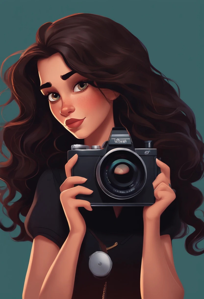 personagem da disney pixar b , Wavy haired brunette girl in black clothes holding a camera , close-up,Cinema Animation