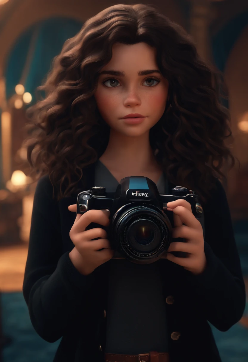 personagem da disney pixar b , Wavy haired brunette girl in black clothes holding a camera , close-up,Cinema Animation