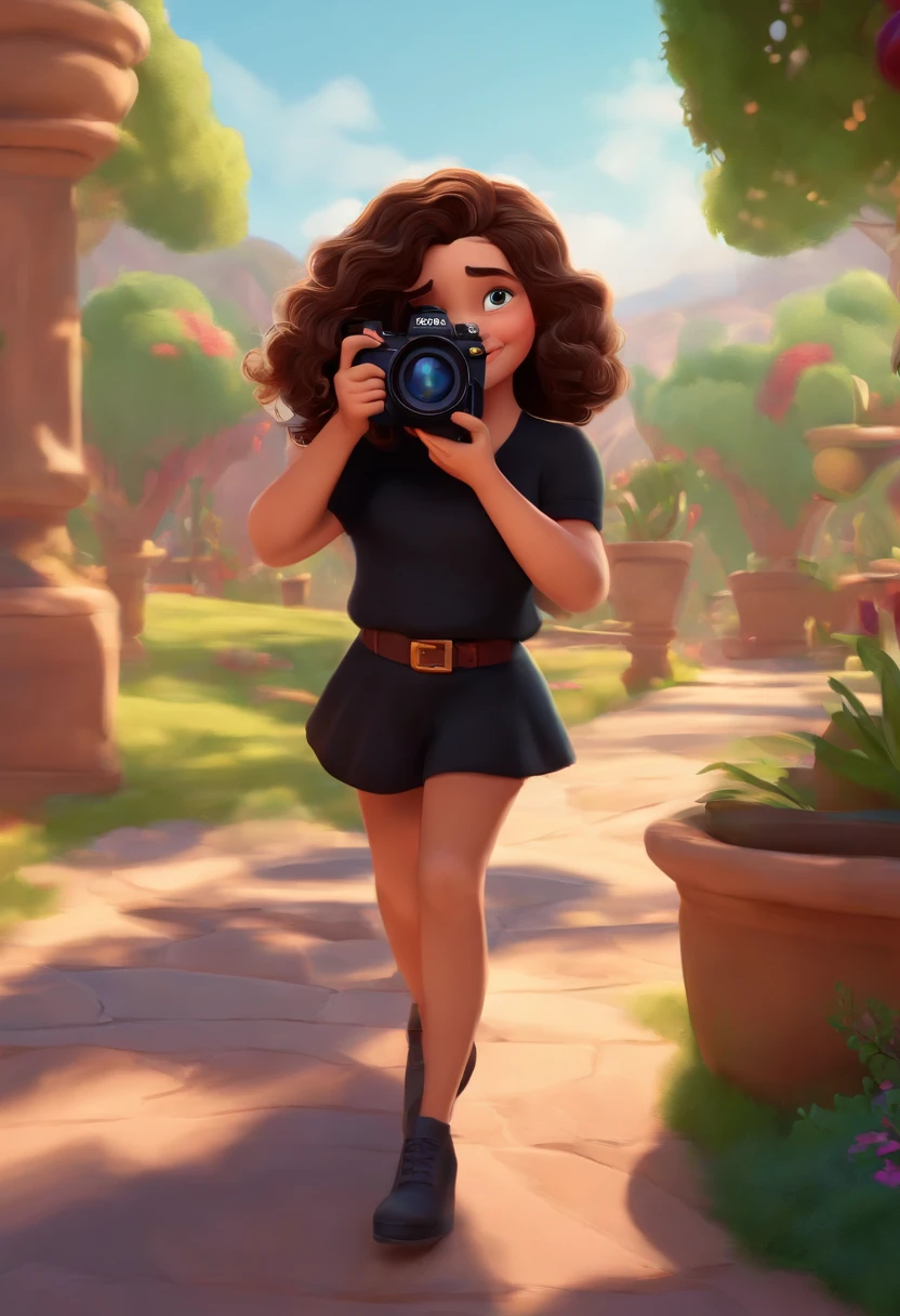 personagem da disney pixar b , Wavy haired brunette girl in black clothes holding a camera , close-up,Cinema Animation