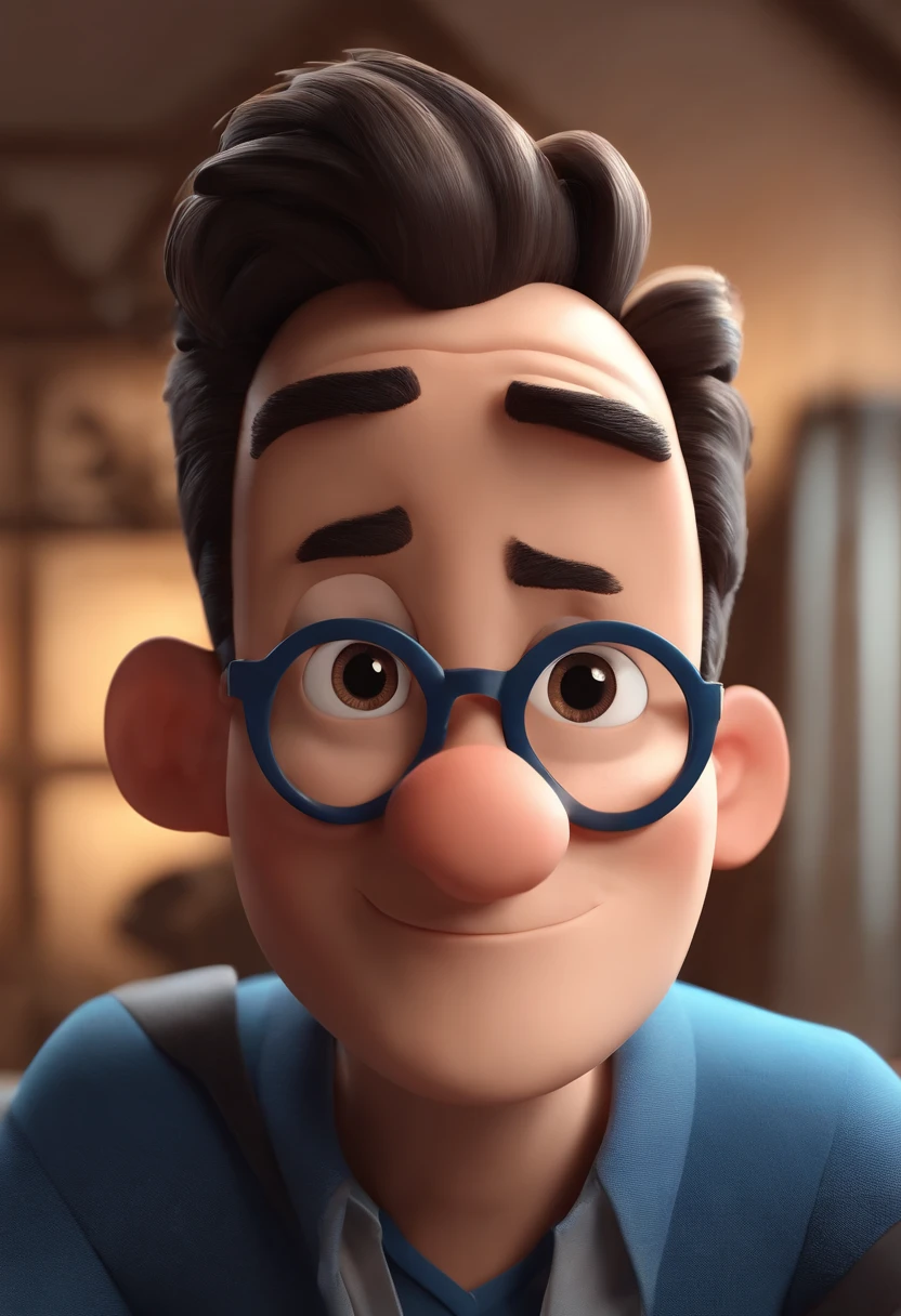 Cartoon character of a man wearing black glasses and a blue shirt, um personagem animado, Caractere estilizado, animation style rendering, 3D estilizado, Arnold Maya render, 3 d render stylized, toon render keyshot, Personagem 3D, Personagem 3D, 3d rendering stylized, 3 d character render, personagem de desenho animado, Personagem de close up, Pose de personagem, (Estilo Pixar) (master part:1.2) (Bokeh) (best quality) (pele detalhada) (textura detalhada) (8k) (argila) (Cinematic lighting) (foco nítido，Senta e vaza a parte superior do corpo