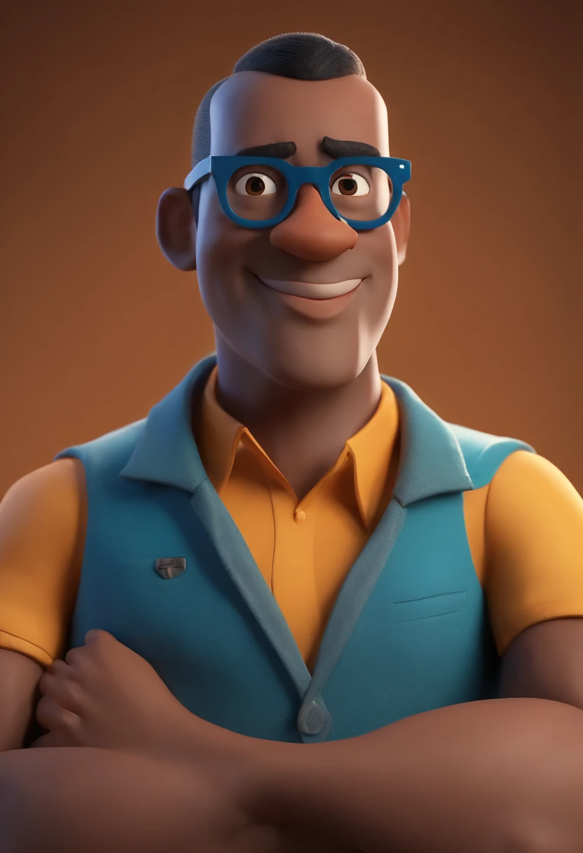 Cartoon character of a man wearing black glasses and a blue shirt, um personagem animado, Caractere estilizado, animation style rendering, 3D estilizado, Arnold Maya render, 3 d render stylized, toon render keyshot, Personagem 3D, Personagem 3D, 3d rendering stylized, 3 d character render, personagem de desenho animado, Personagem de close up, Pose de personagem, (Estilo Pixar) (master part:1.2) (Bokeh) (best quality) (pele detalhada) (textura detalhada) (8k) (argila) (Cinematic lighting) (foco nítido,Senta e vaza a parte superior do corpo