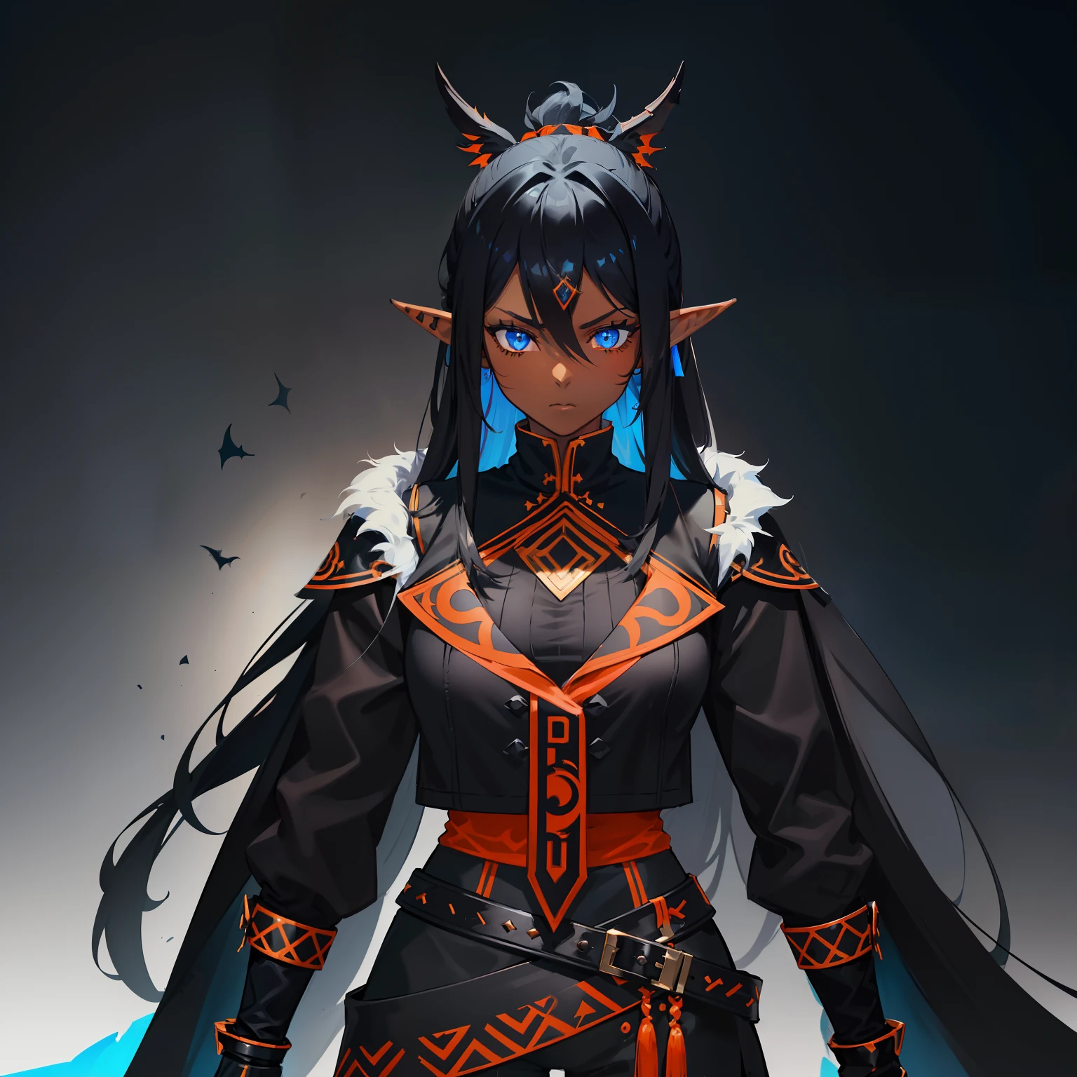 1girl , (((Dark Skin)))), Black Hair with Ponytail, (((Blue Eyes))), ((Black Metallic Gauntlets and Greaves with Orange and Silver Highlights)), (((The Clothes Have a Mix of Modern and Tribal))), (((The Clothes Have a Mix of Modern and Tribal))),  having mostly the color black, but having parts in orange, shoulders exposed, at the hip a shorts that extend to half of the thigh of black color. ((Black Overcoat with a orange inner part)) absurd res, best res, high res, best face, best eyes, (((Dragon Tail))), ((Elf Ears))